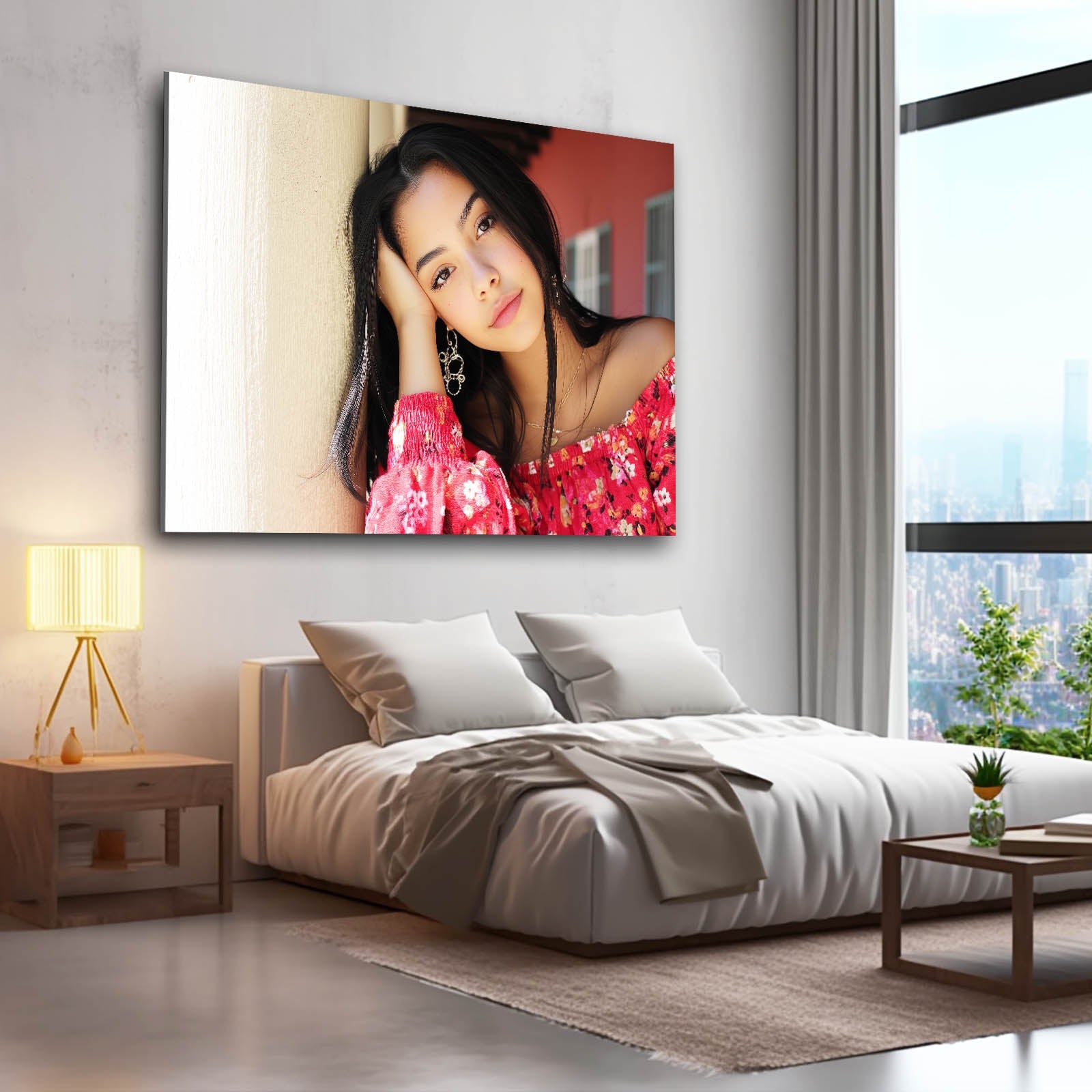 Rosy Daydream Photography Wall Art – above a bed by a city window