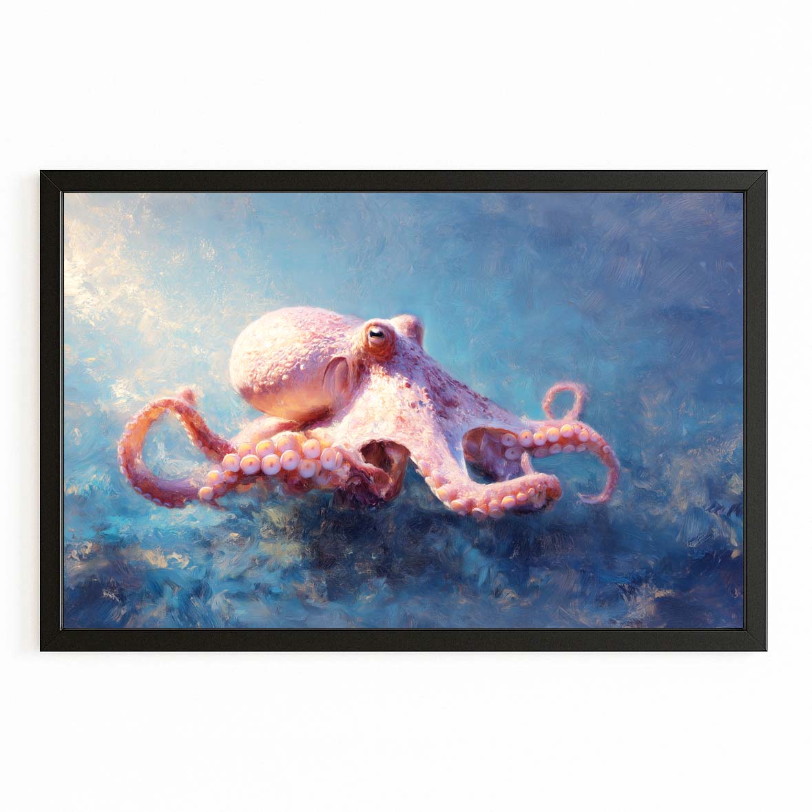 Rosy Reef Glide Octopus Wall Art – with Premium Black frame on white background