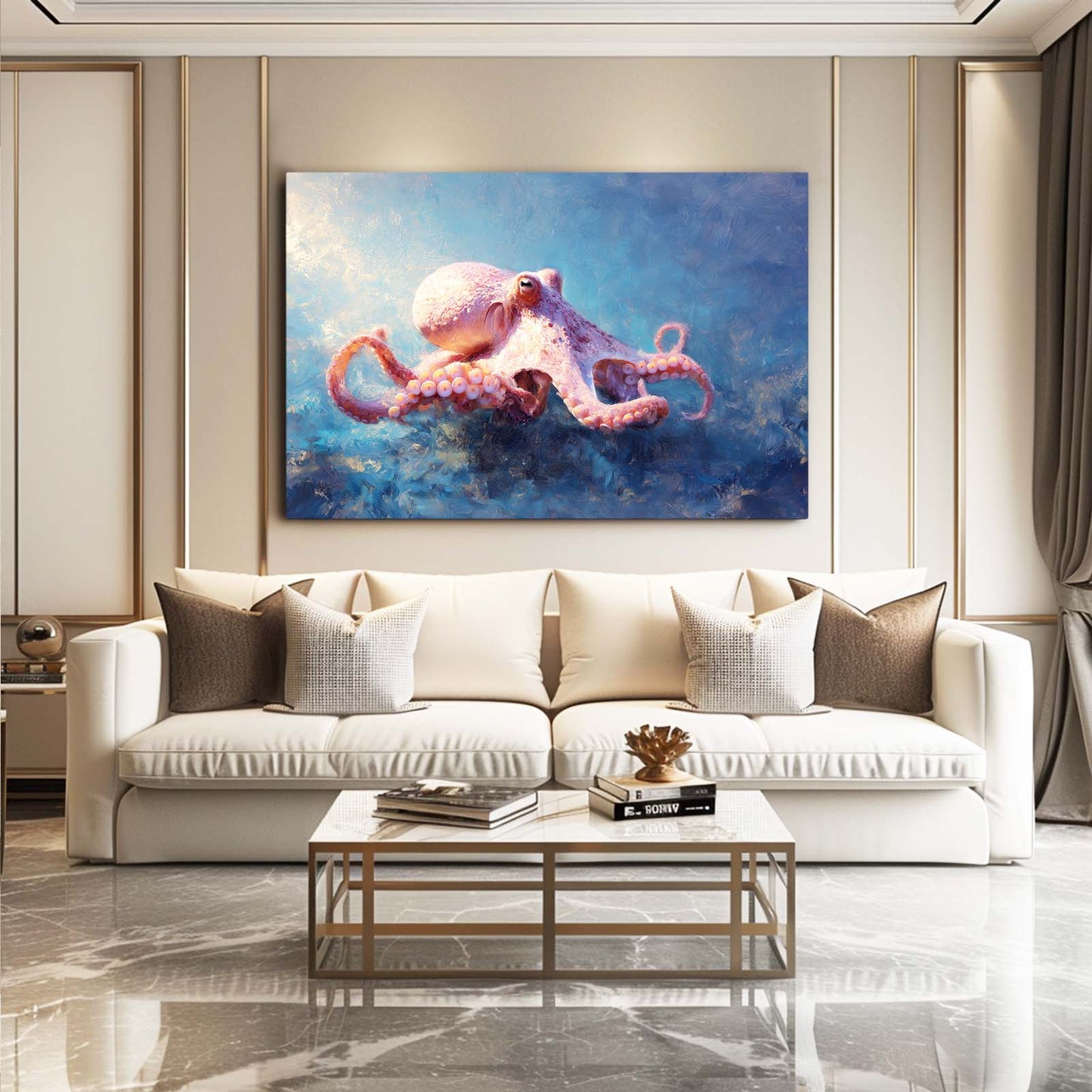 Rosy Reef Glide Octopus Wall Art – styled in a furnished interior