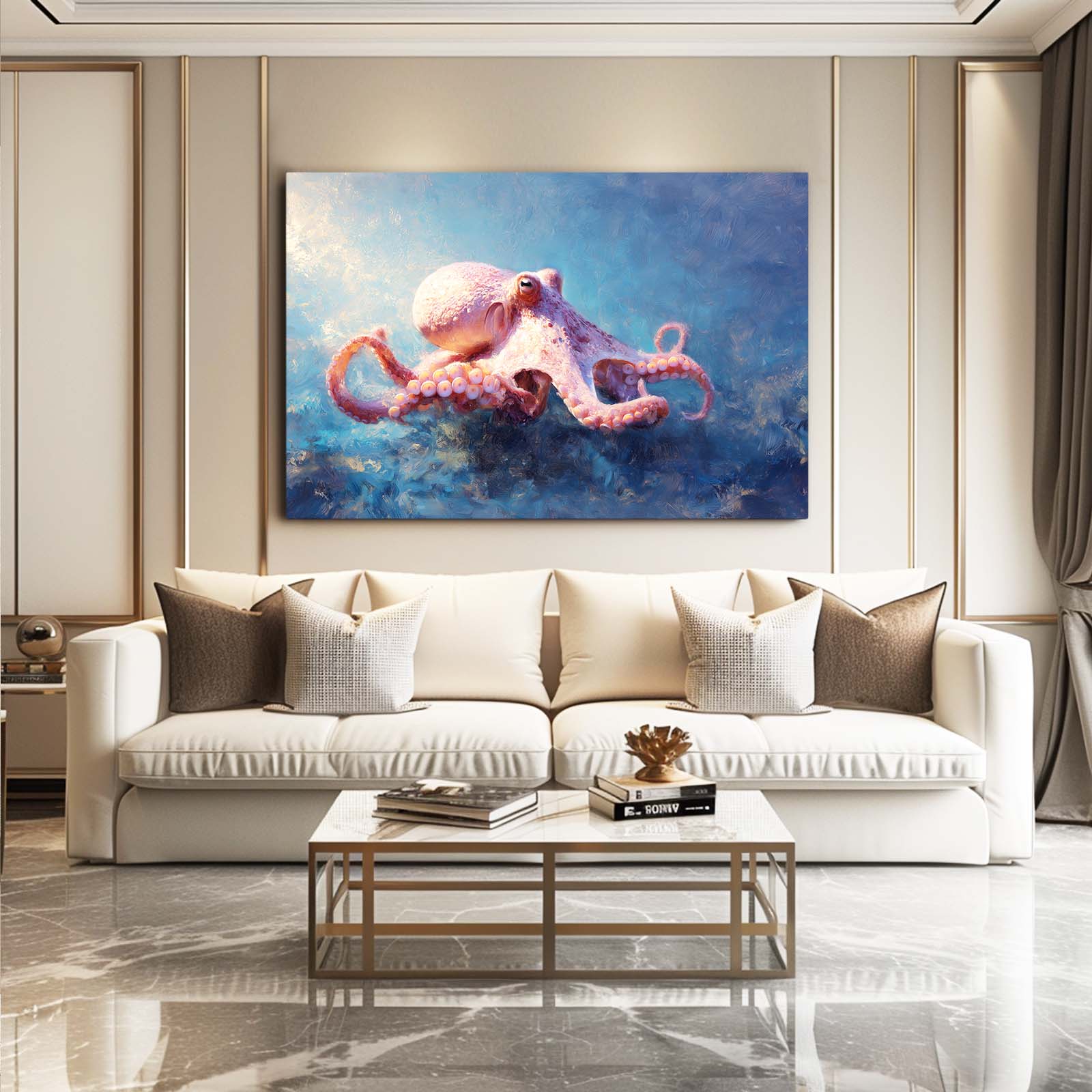 Rosy Reef Glide Octopus Wall Art – styled in a furnished interior