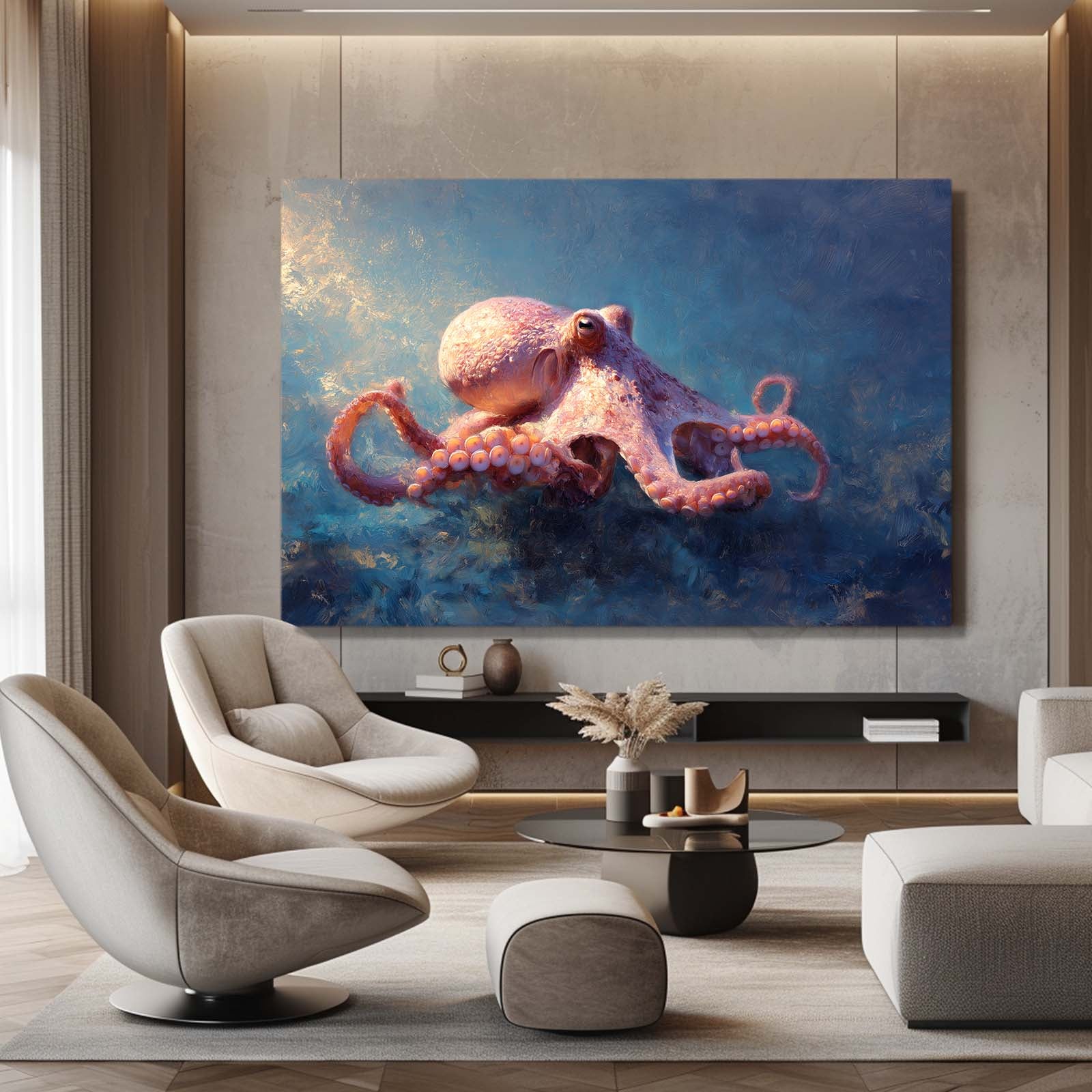 Rosy Reef Glide Octopus Wall Art – styled in a furnished interior