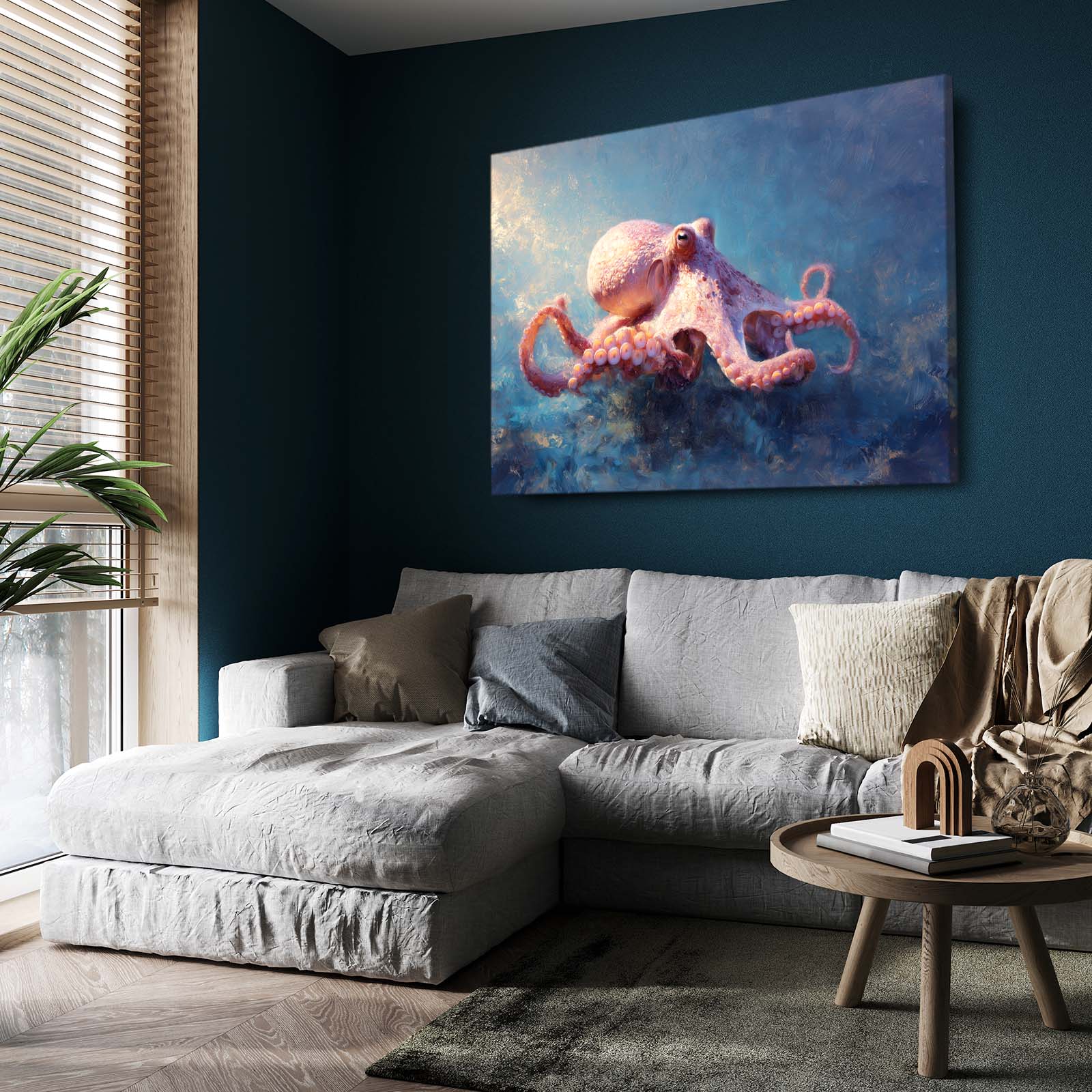 Rosy Reef Glide Octopus Wall Art – styled in a furnished interior