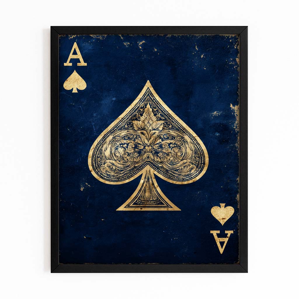 Royal Blue Ace Playing Card Wall Art – with Premium Black frame on white background
