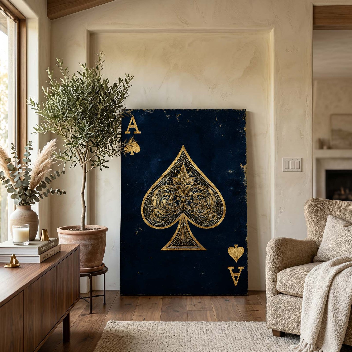 Royal Blue Ace Playing Card Wall Art – styled in a furnished interior