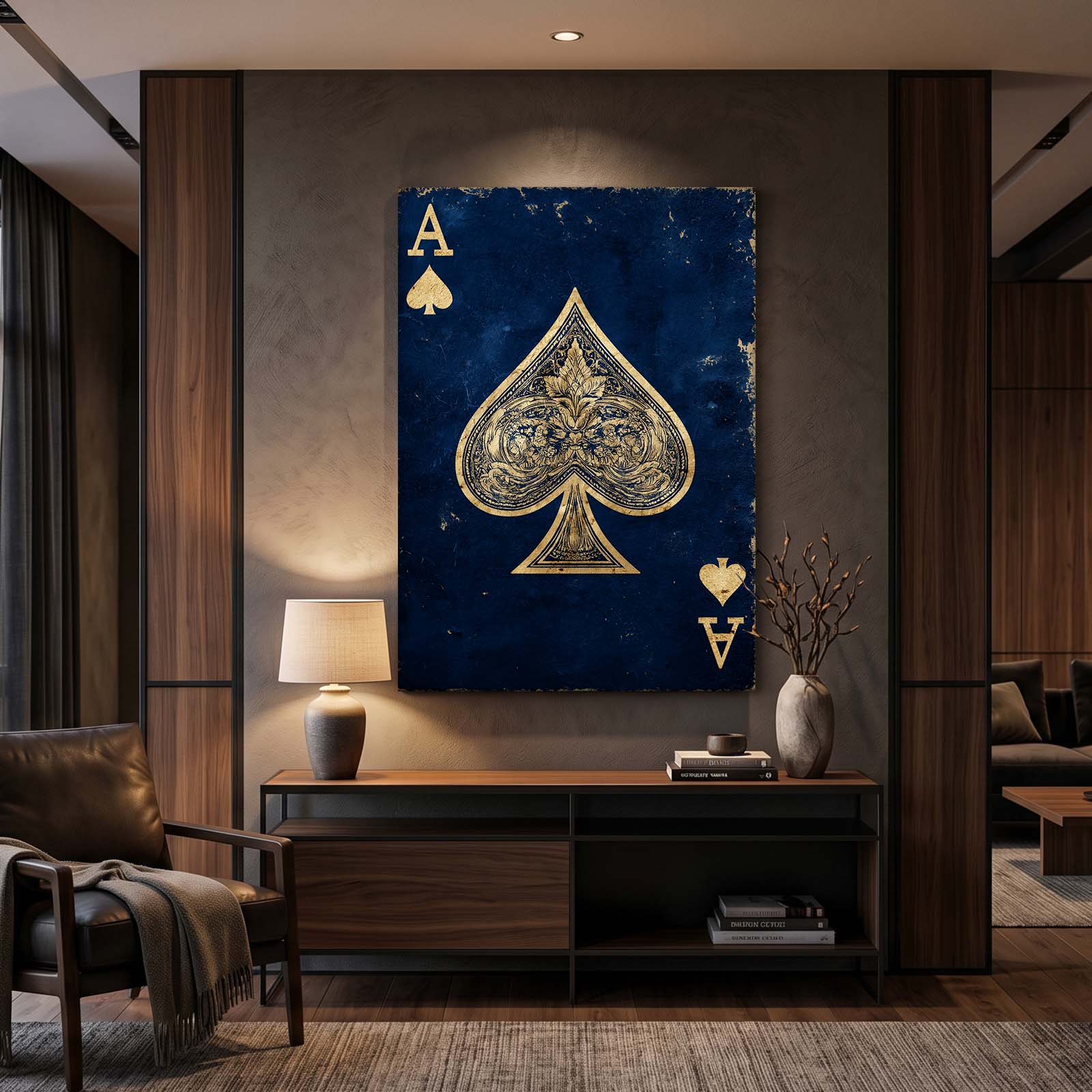 Royal Blue Ace Playing Card Wall Art – styled in a furnished interior