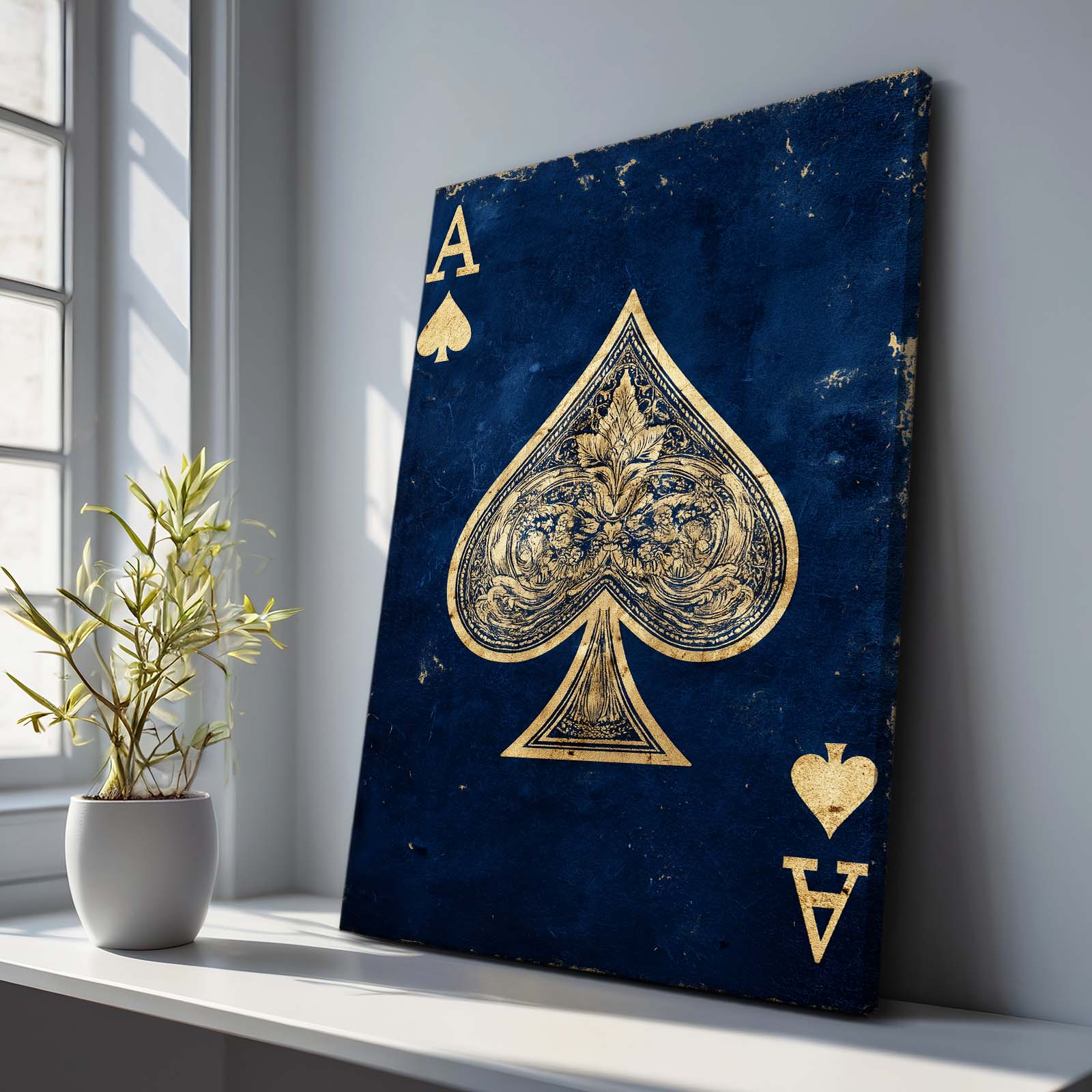 Royal Blue Ace Playing Card Wall Art – styled in a furnished interior