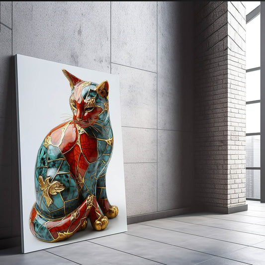 Royal Mosaic Cat Wall Art — 3d canvas print in white tones, view 3
