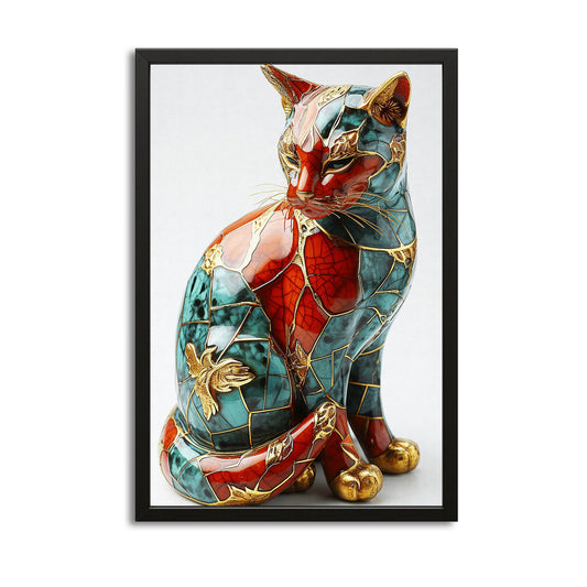 Royal Mosaic Cat Wall Art — 3d canvas print in white tones, with Premium Black frame on white background