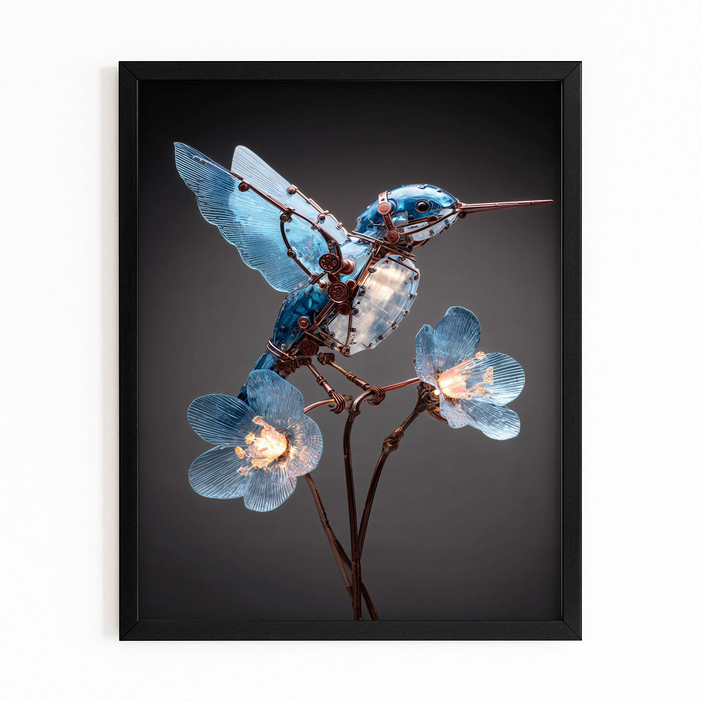 Ruby Wing Hummingbird Steampunk Canvas Art – with Premium Black frame on white background