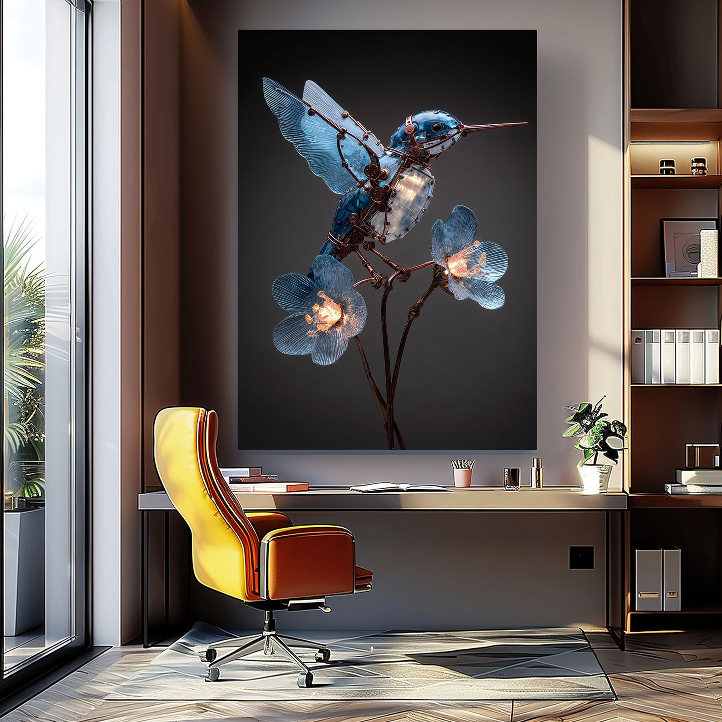 Ruby Wing Hummingbird Steampunk Canvas Art – styled in a furnished interior
