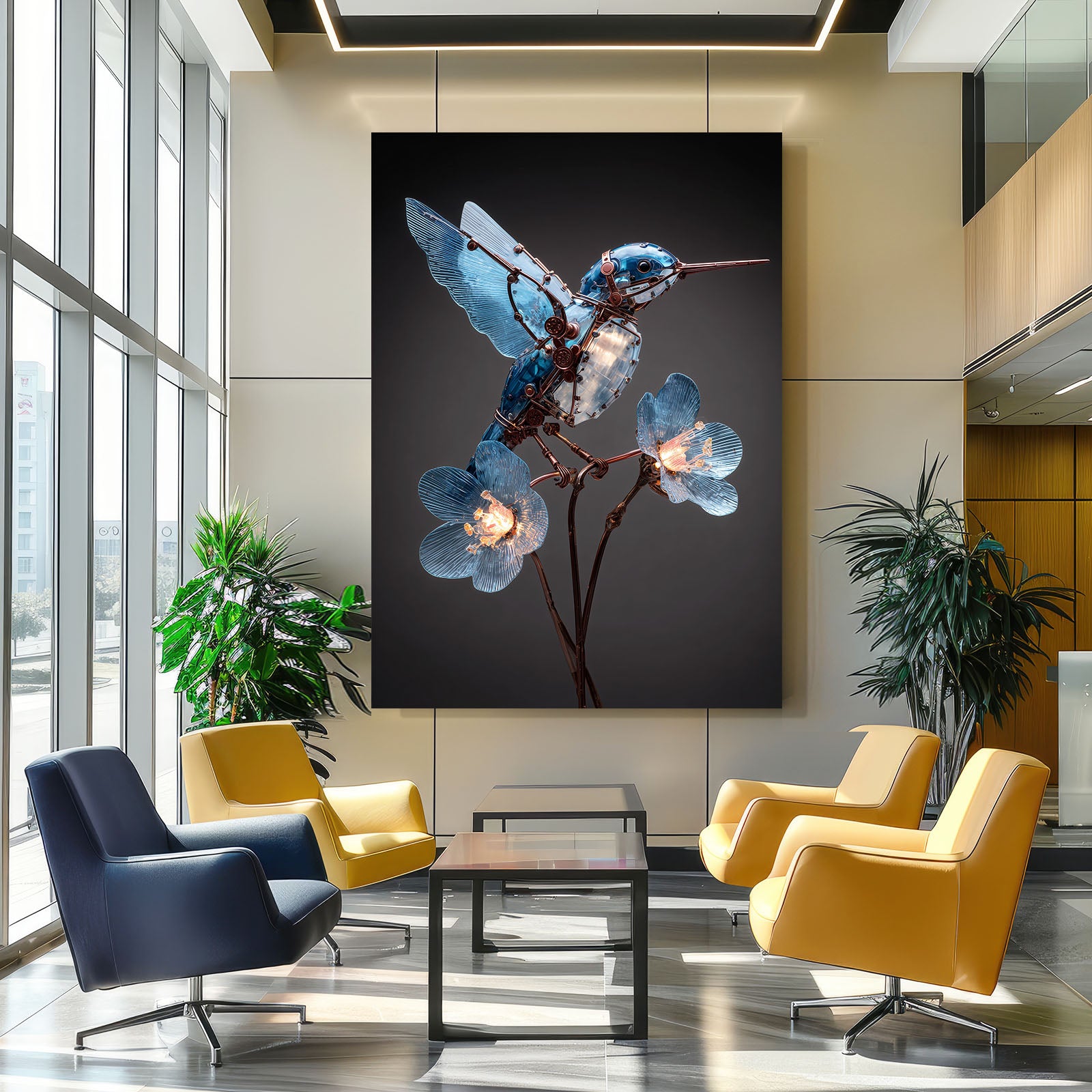 Ruby Wing Hummingbird Steampunk Canvas Art – styled in a furnished interior
