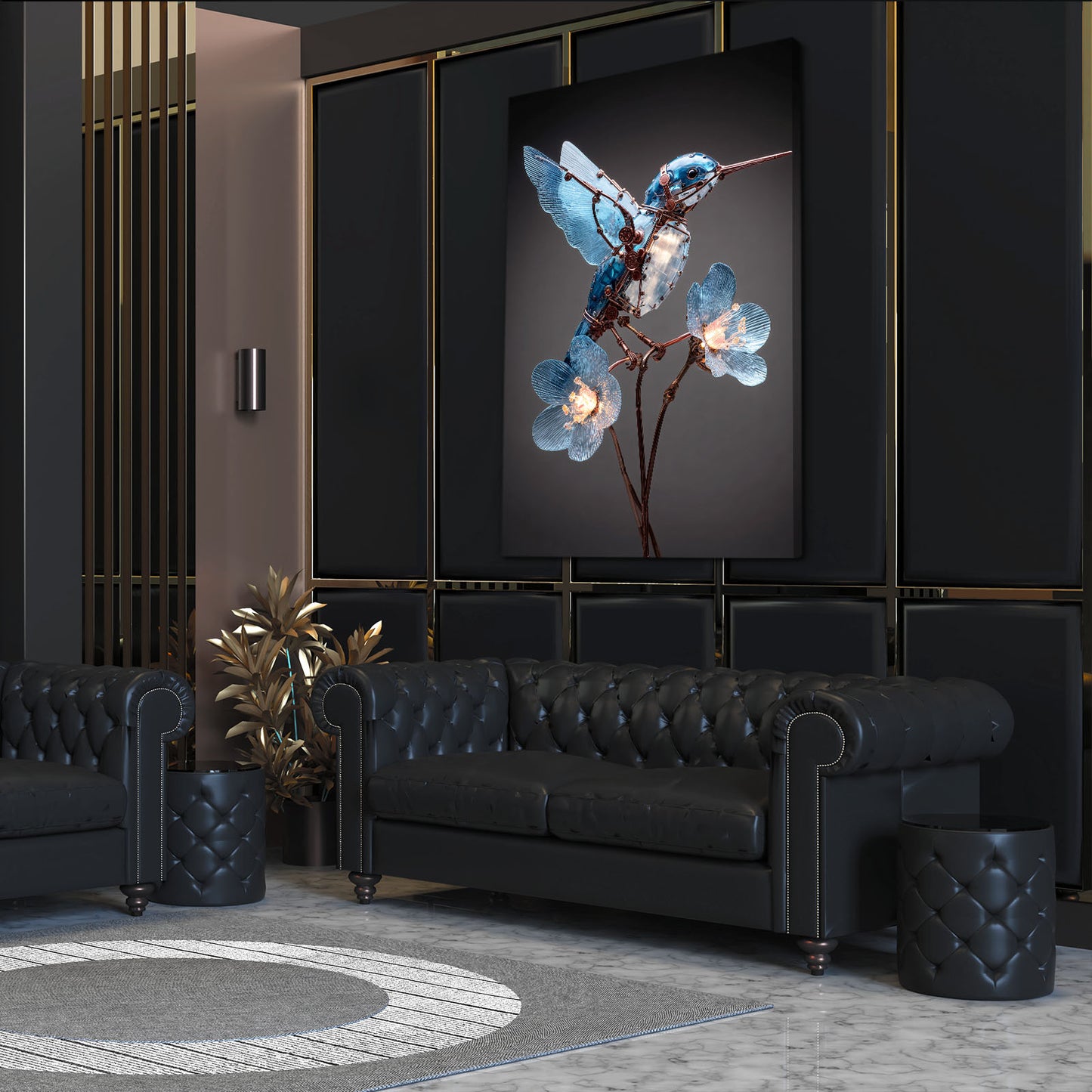 Ruby Wing Hummingbird Steampunk Canvas Art – styled in a furnished interior