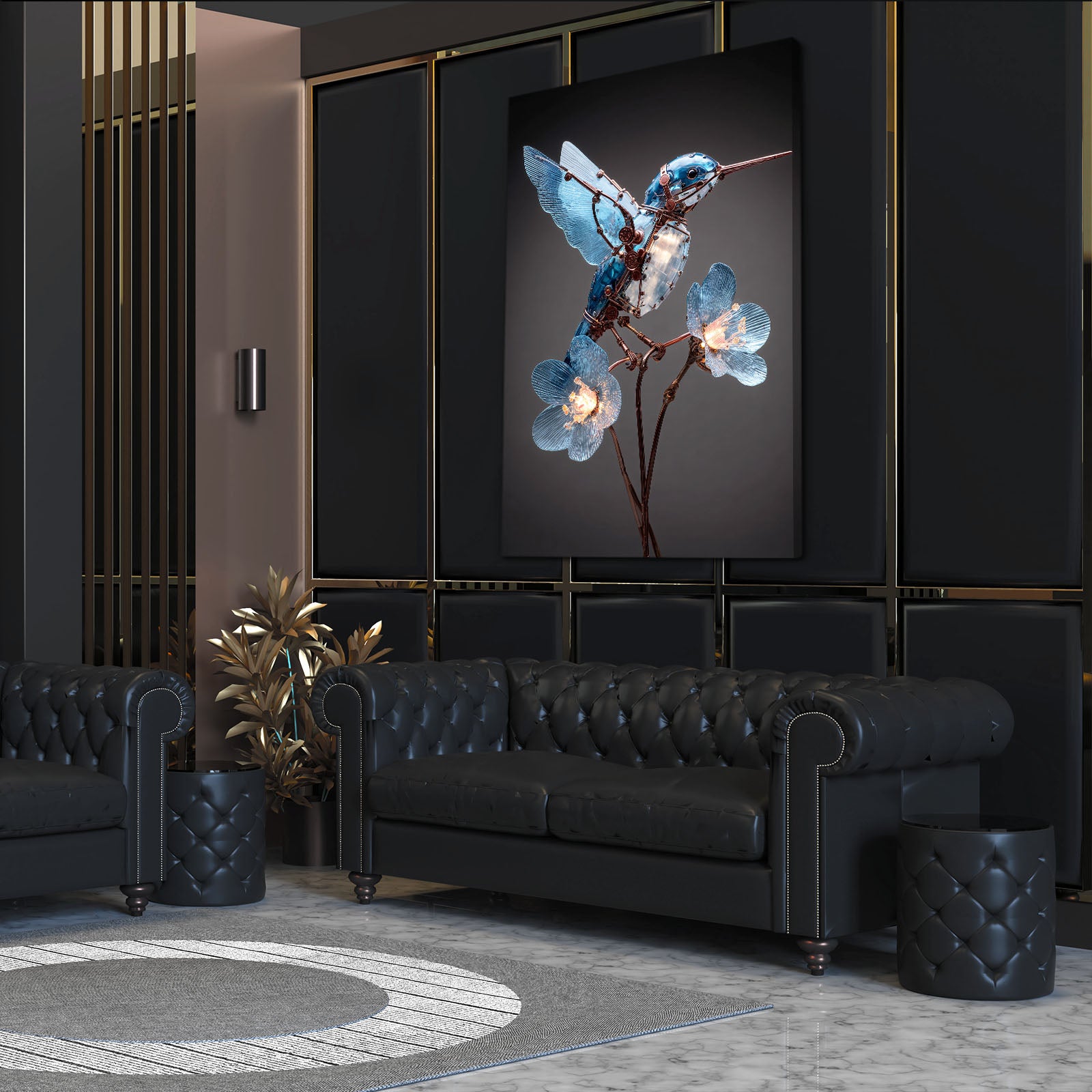 Ruby Wing Hummingbird Steampunk Canvas Art – styled in a furnished interior