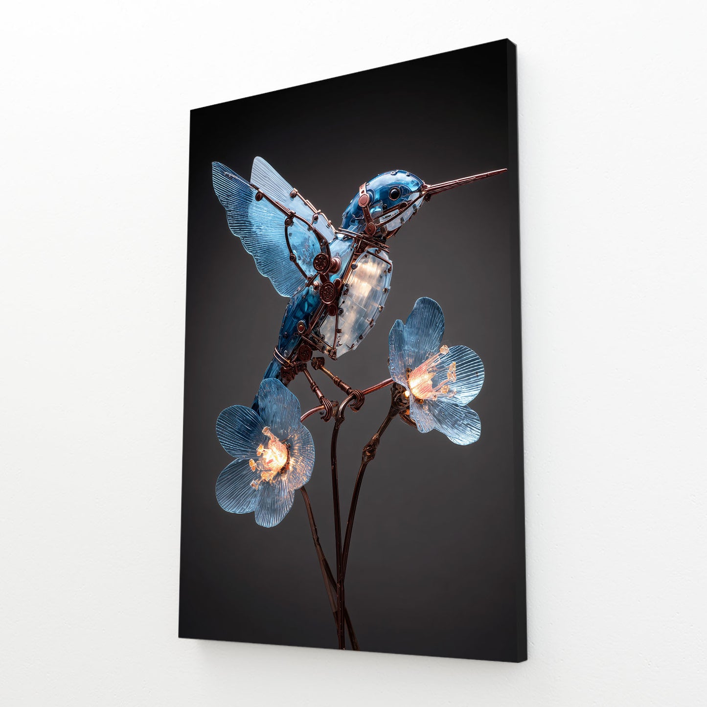 Ruby Wing Hummingbird Steampunk Canvas Art – angled canvas view on white background