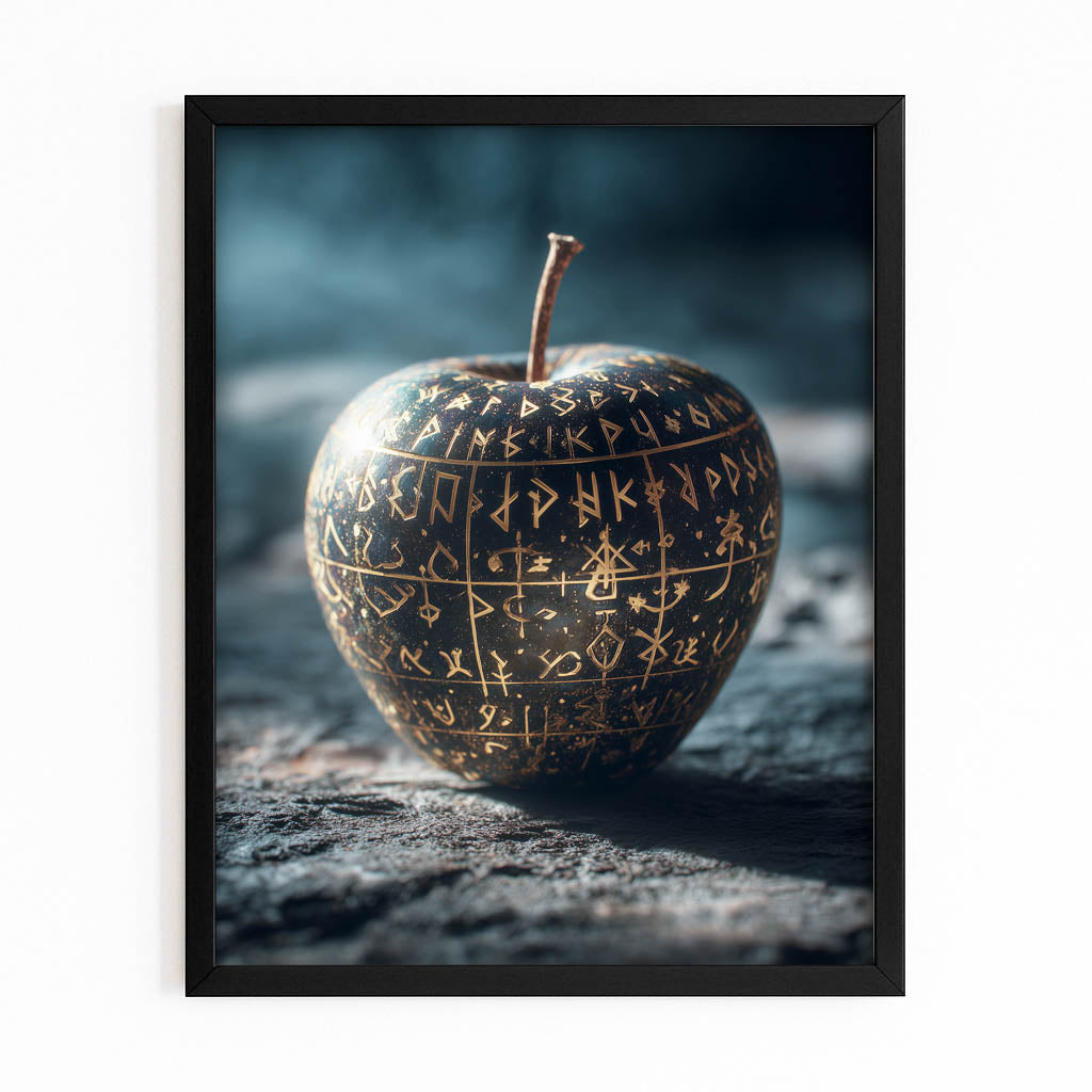 Rune Carved Stone Apple Wall Art – with Premium Black frame on white background