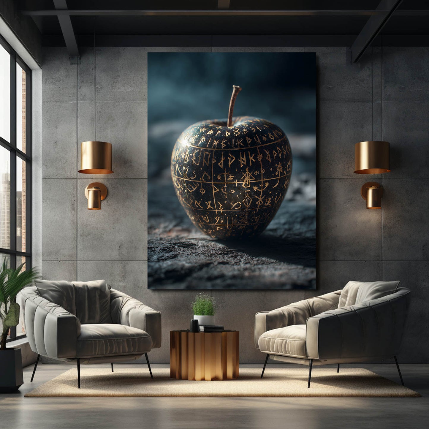 Rune Carved Stone Apple Wall Art – styled in a furnished interior