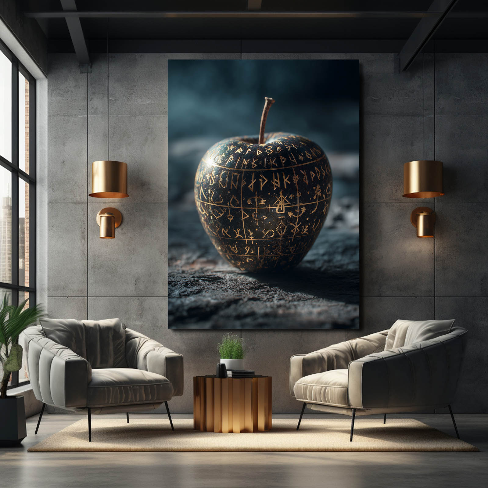 Rune Carved Stone Apple Wall Art – styled in a furnished interior
