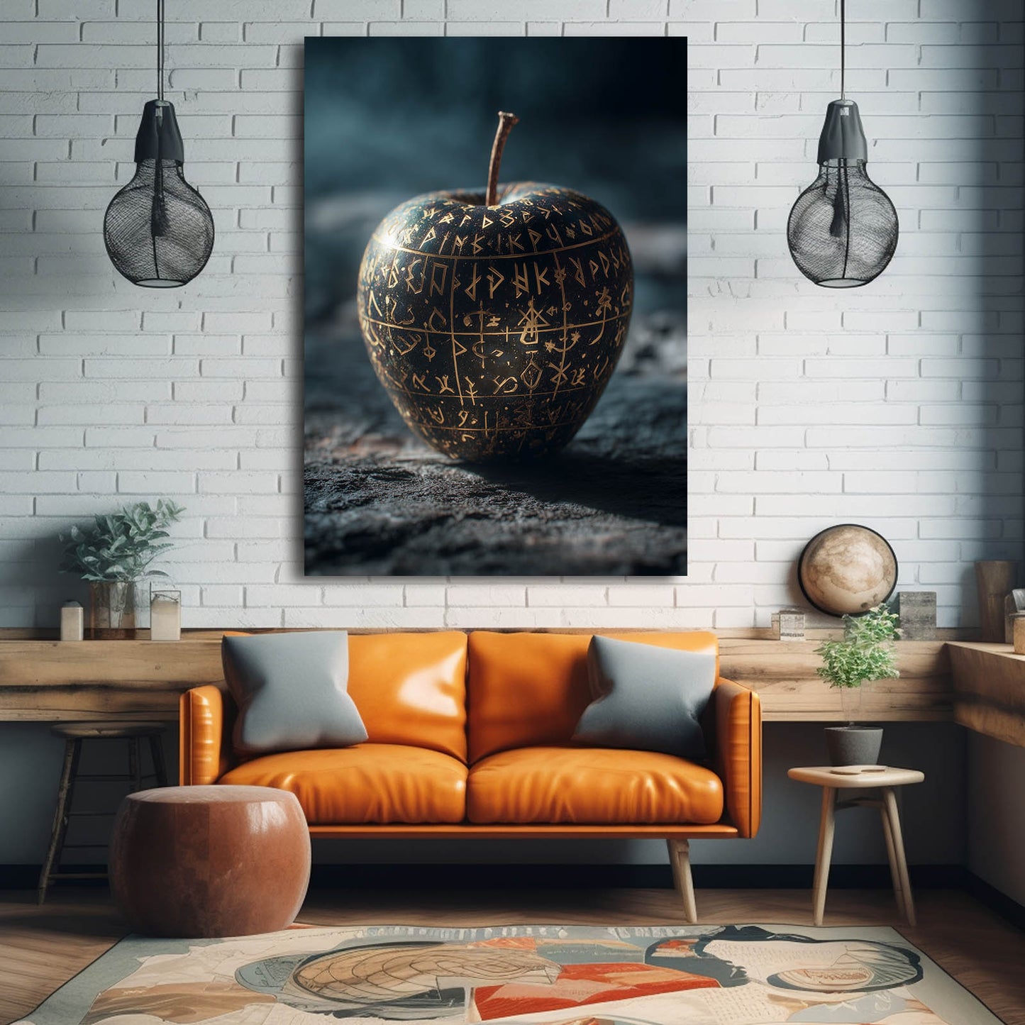 Rune Carved Stone Apple Wall Art – styled in a furnished interior
