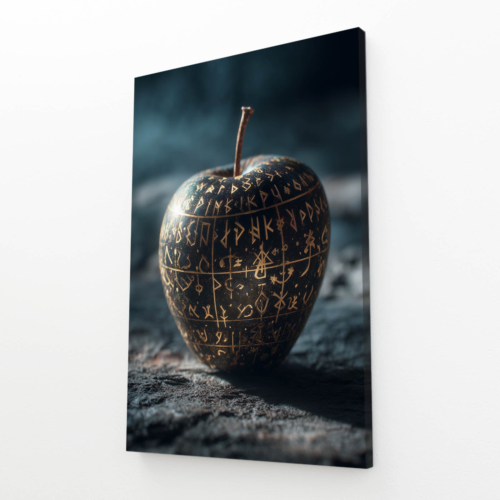 Rune Carved Stone Apple Wall Art – angled canvas view on white background