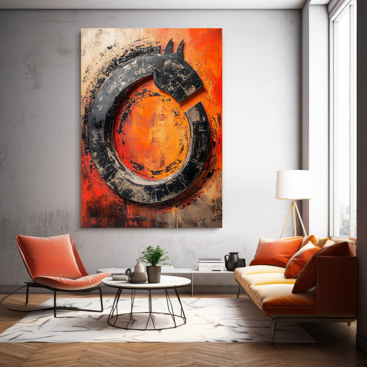 Rust Circle Emblem Horse Art — abstract canvas print, styled in a furnished interior