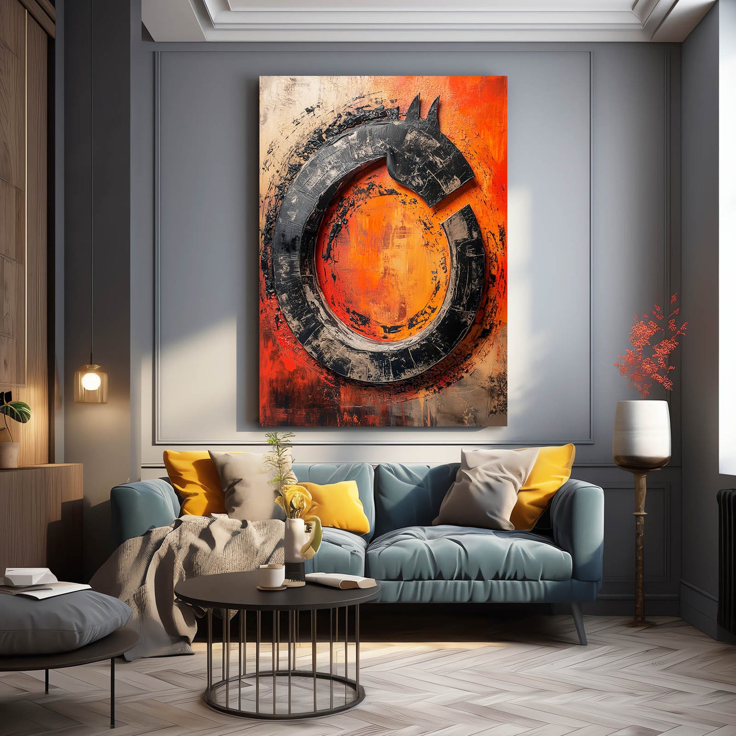 Rust Circle Emblem Horse Art — abstract canvas print, styled in a furnished interior
