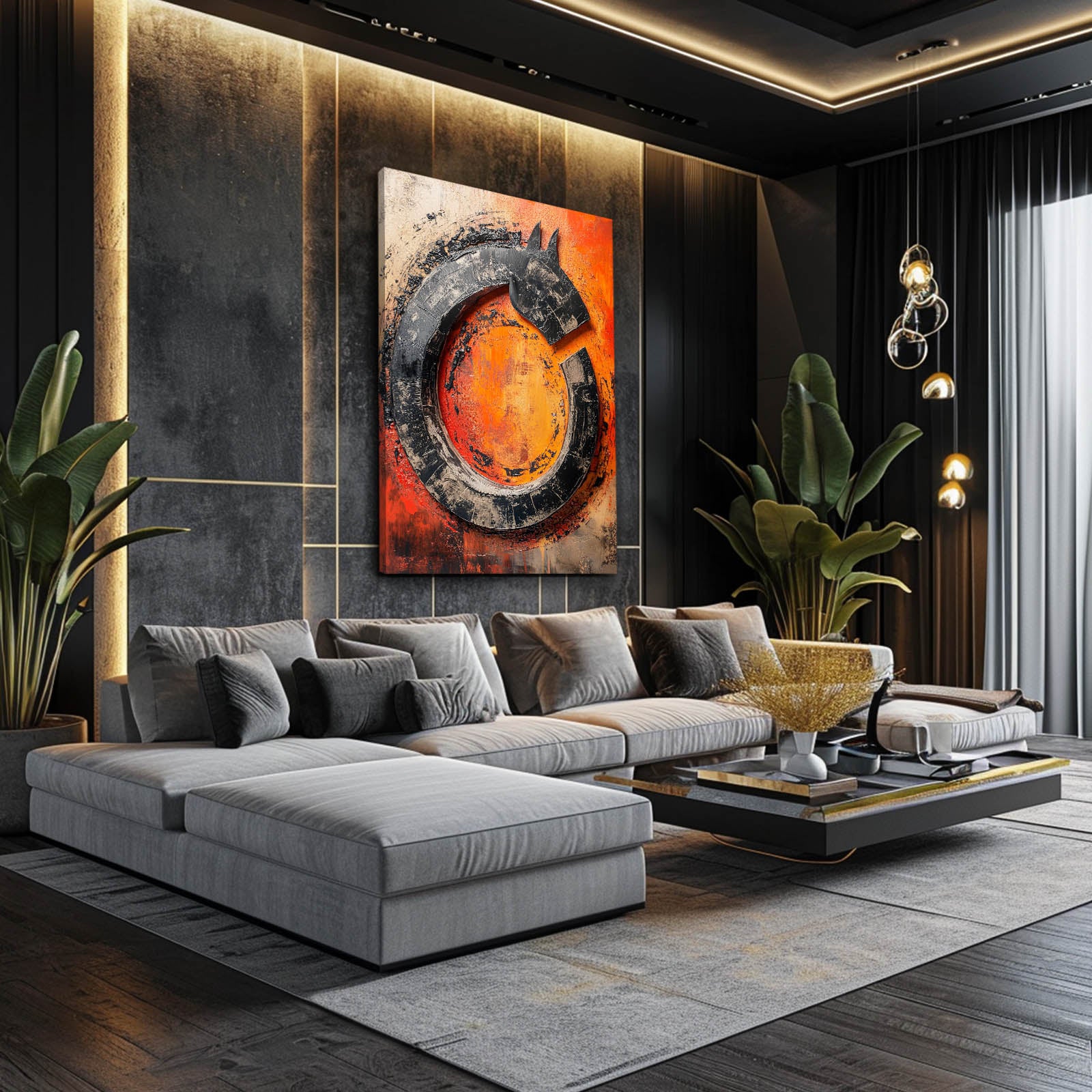 Rust Circle Emblem Horse Art — abstract canvas print, styled in a furnished interior