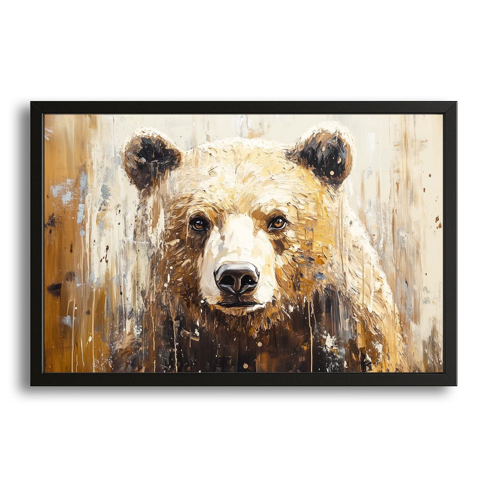 Rustic Bear Wall Art — contemporary canvas print in orange tones, with Premium Black frame on white background