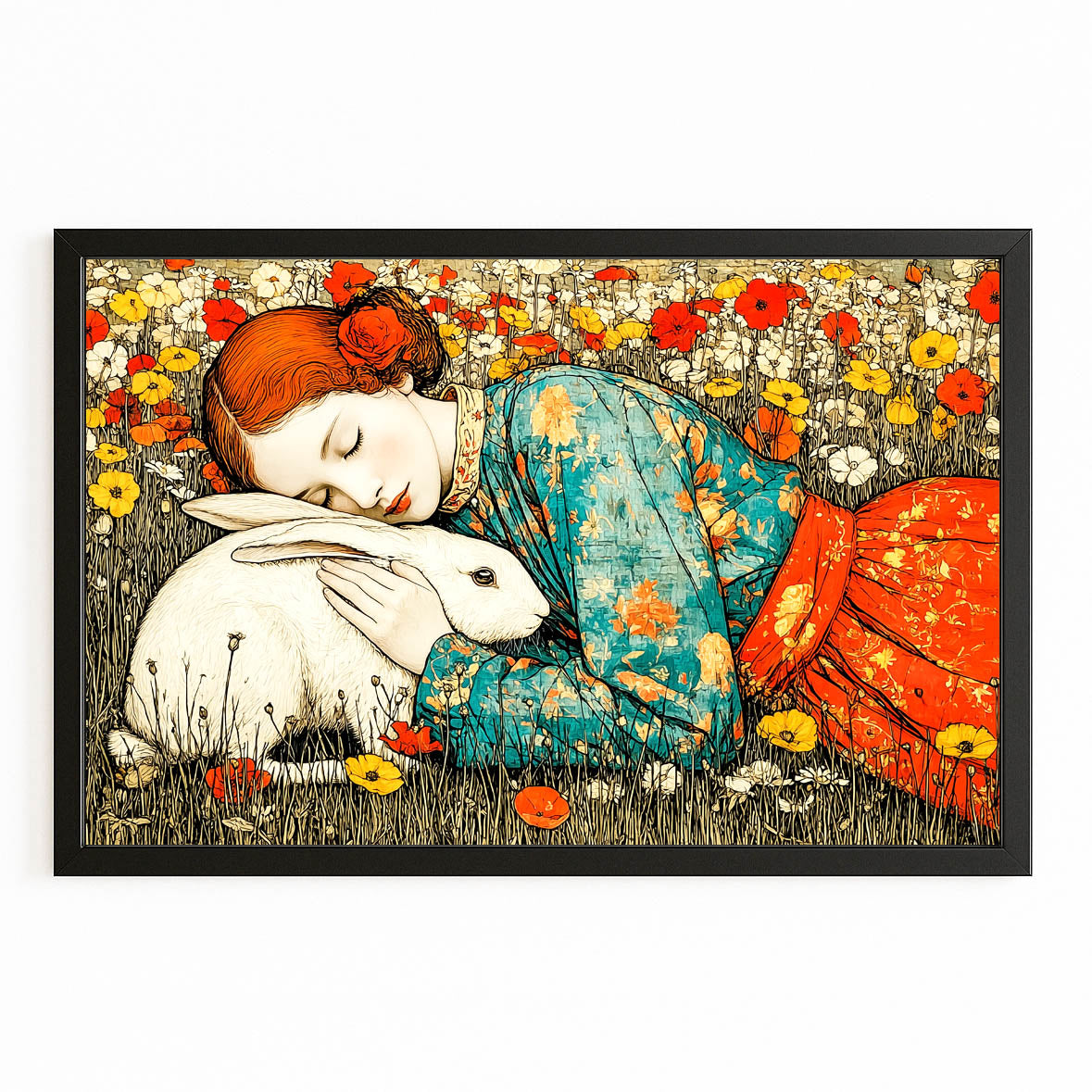 Rustic Bunny Art – with Premium Black frame on white background