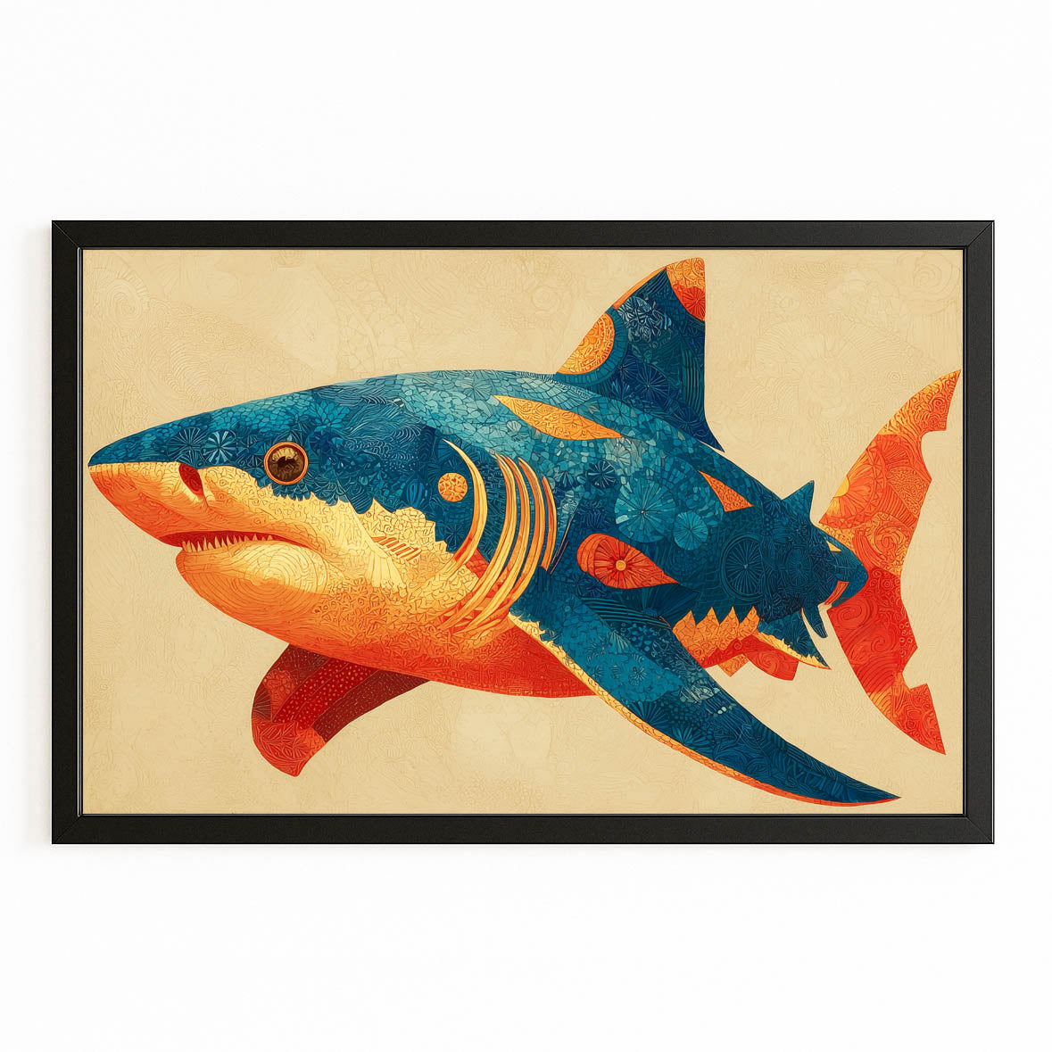 Rustic Folk Shark Wall Decor – with Premium Black frame on white background