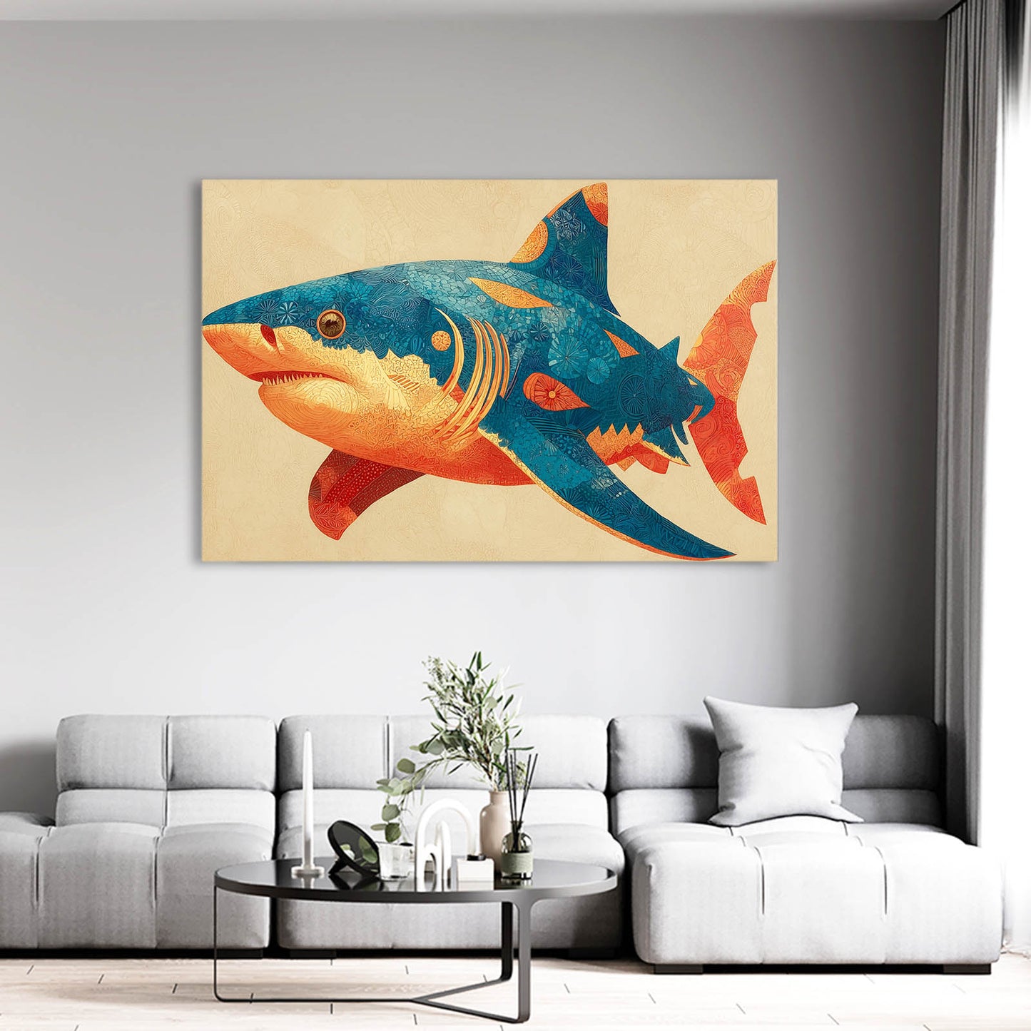 Rustic Folk Shark Wall Decor – styled in a furnished interior