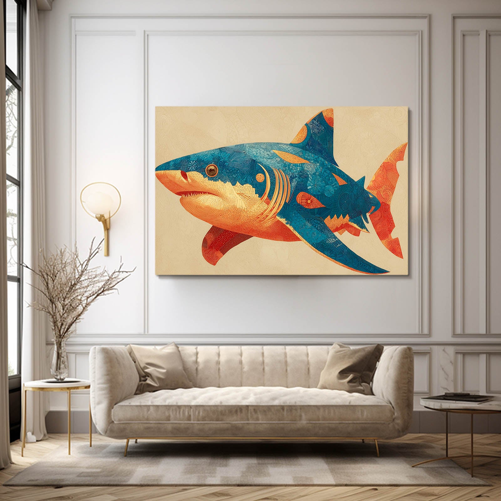Rustic Folk Shark Wall Decor – styled in a furnished interior
