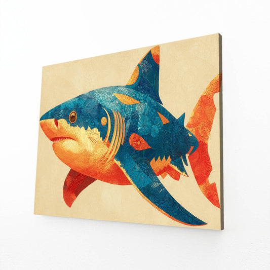 Rustic Folk Shark Wall Decor – angled canvas view on white background