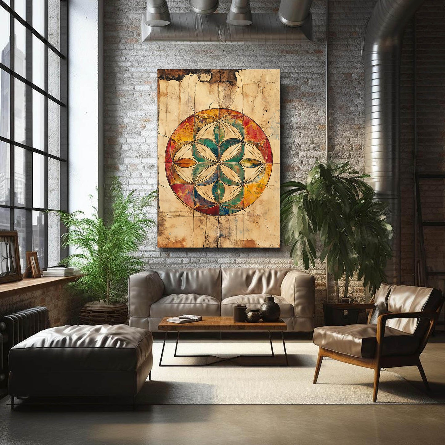 Rustic Jewel Mandala Flower Of Life Canvas Art – styled in a furnished interior