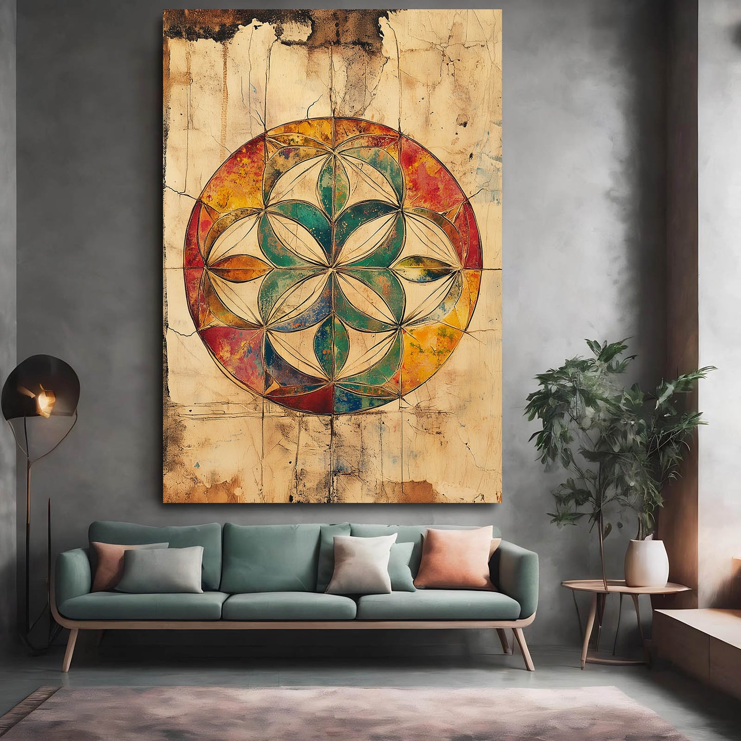 Rustic Jewel Mandala Flower Of Life Canvas Art – styled in a furnished interior