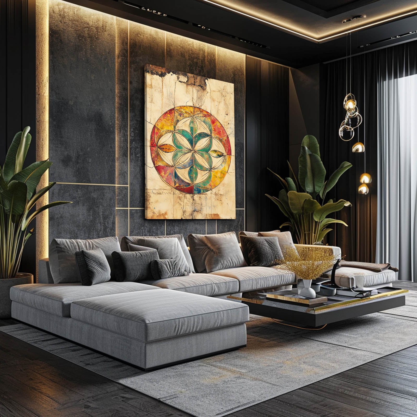 Rustic Jewel Mandala Flower Of Life Canvas Art – styled in a furnished interior