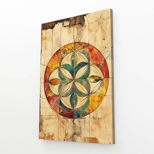 Rustic Jewel Mandala Flower Of Life Canvas Art – angled canvas view on white background