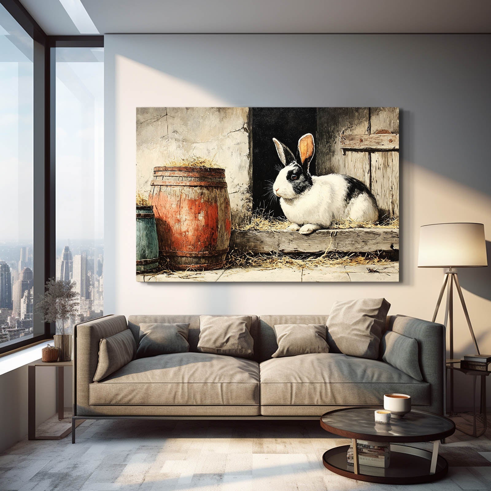 Rustic Rabbit Art – angled canvas view on white background