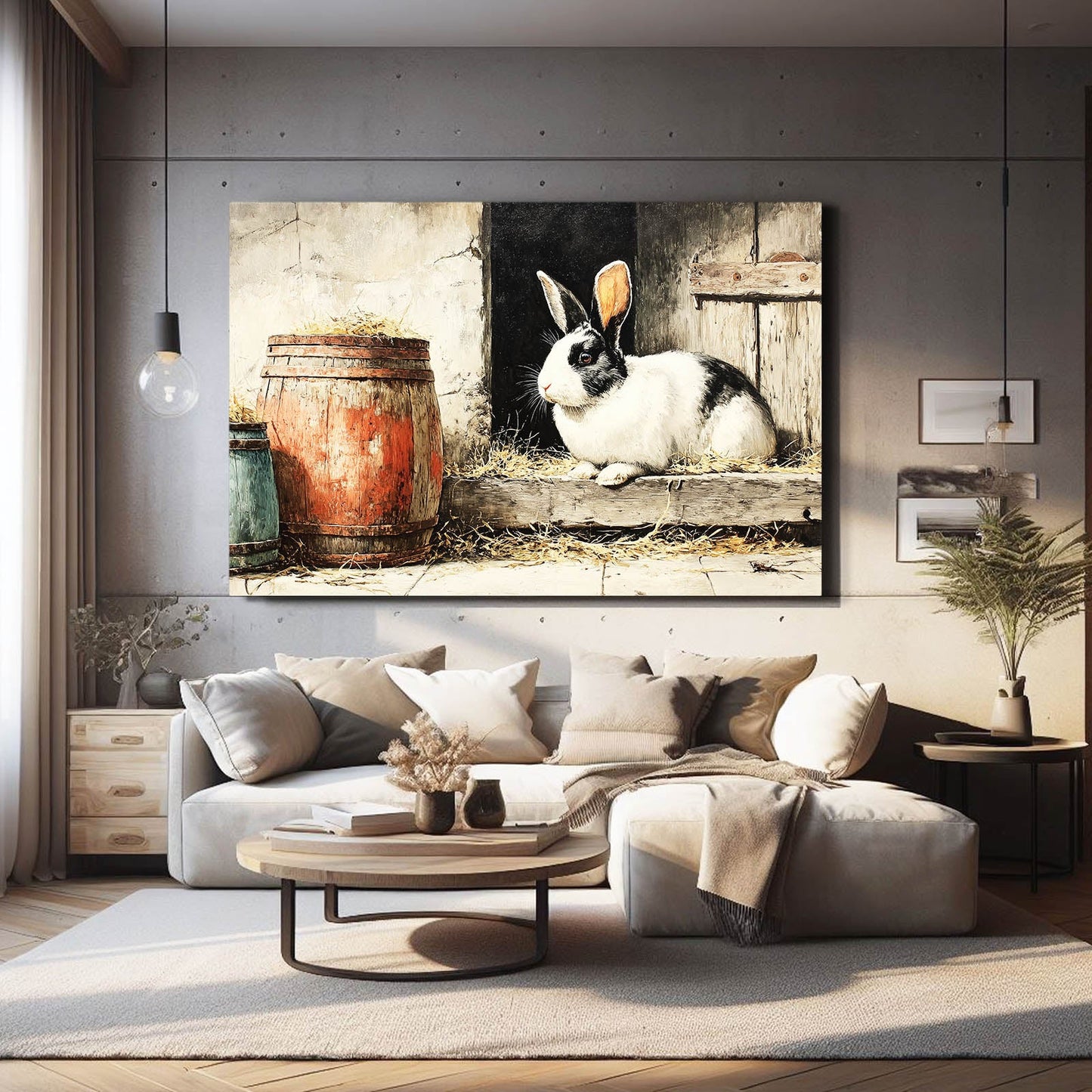 Rustic Rabbit Art – angled canvas view on white background