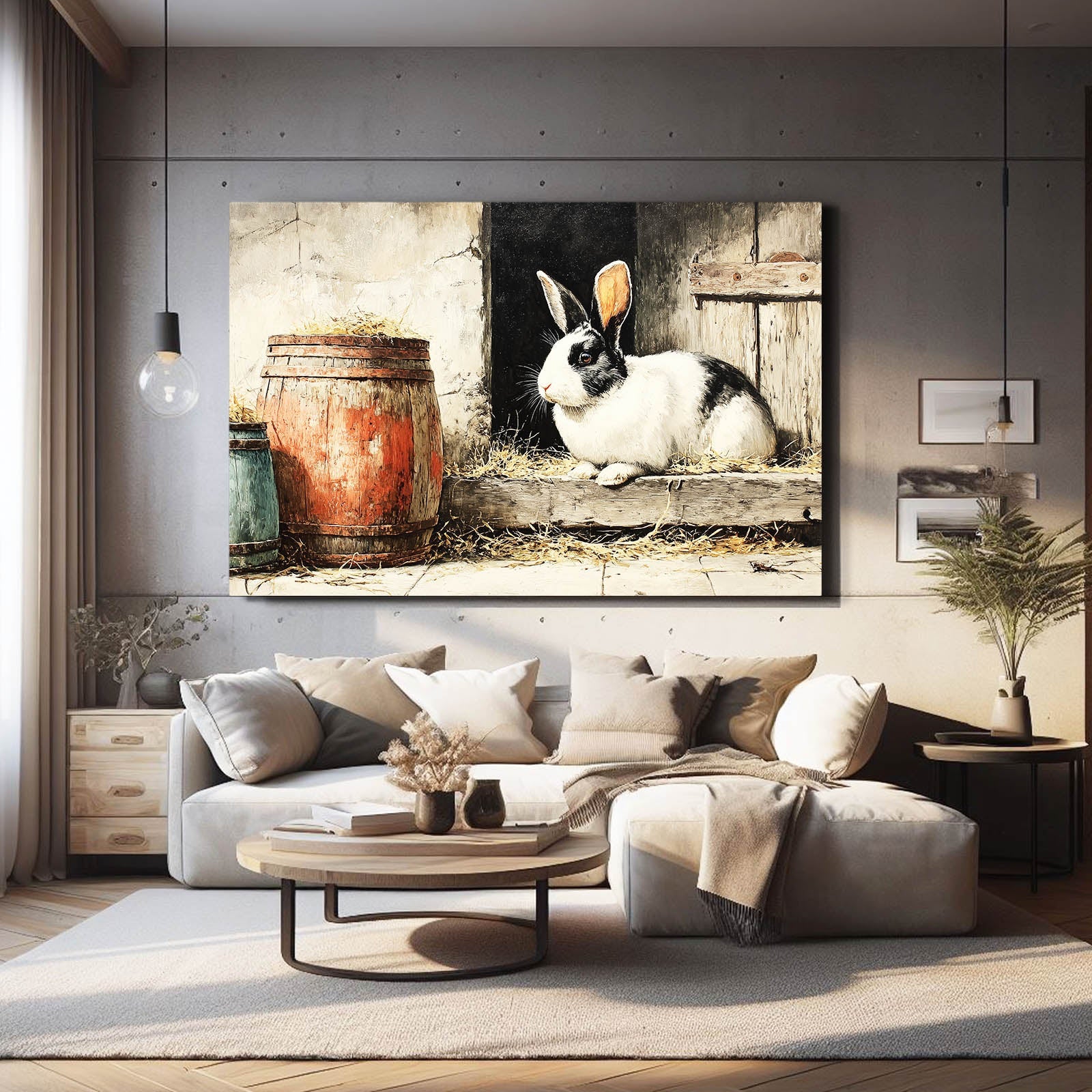 Rustic Rabbit Art – angled canvas view on white background