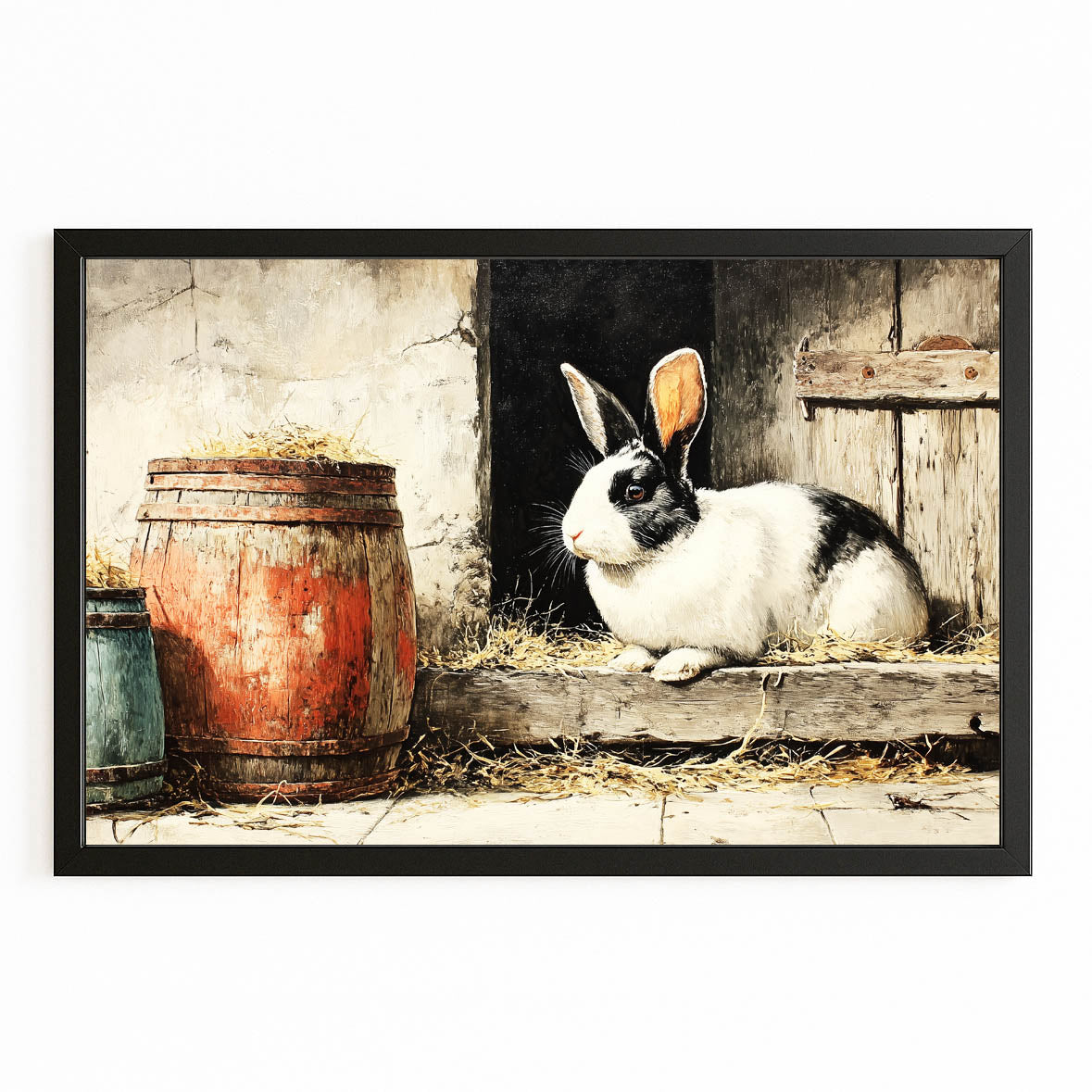 Rustic Rabbit Art – with Premium Black frame on white background