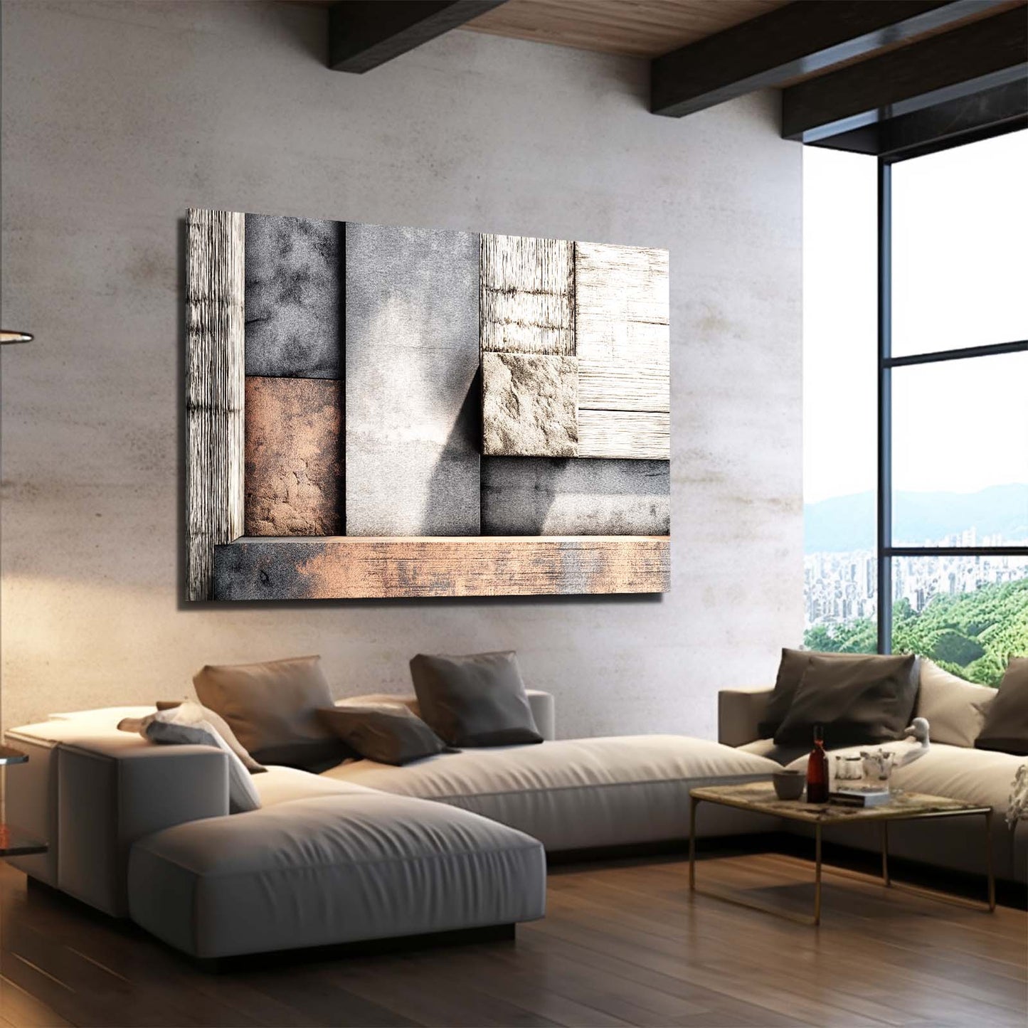 Rustic Wood Abstract Farmhouse Prints – styled in a furnished interior