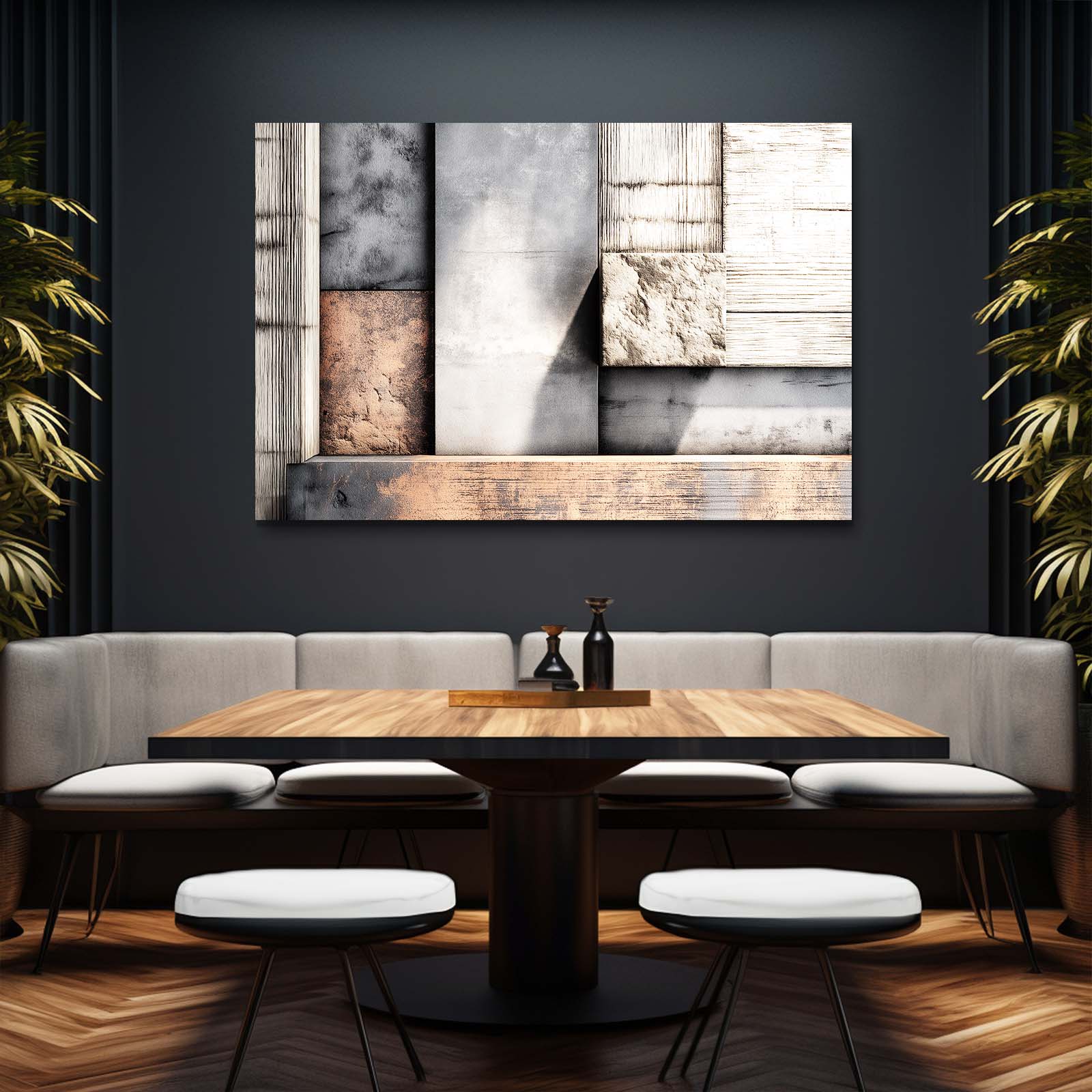 Rustic Wood Abstract Farmhouse Prints – styled in a furnished interior