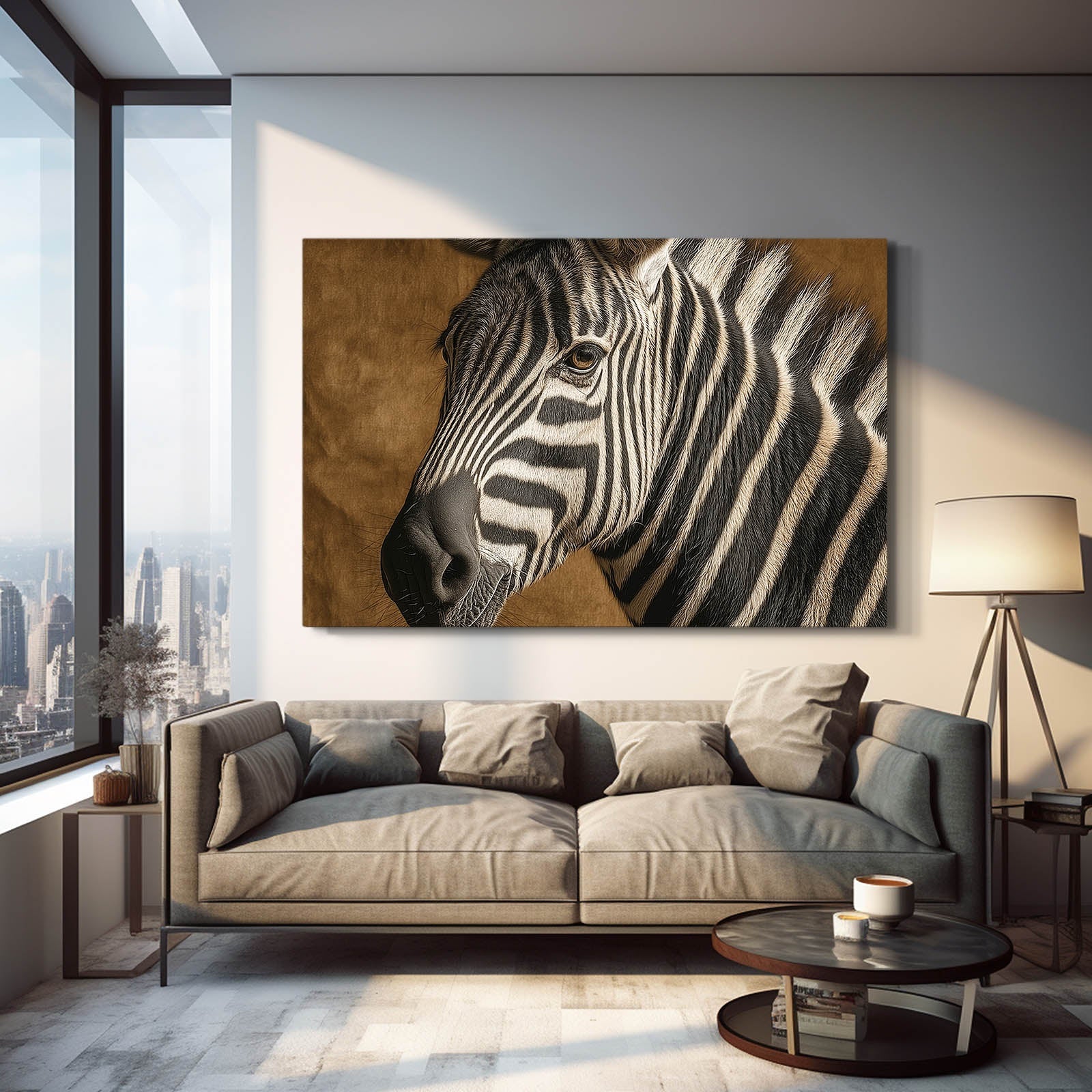 Rustic Zebra Canvas Art – styled in a furnished interior