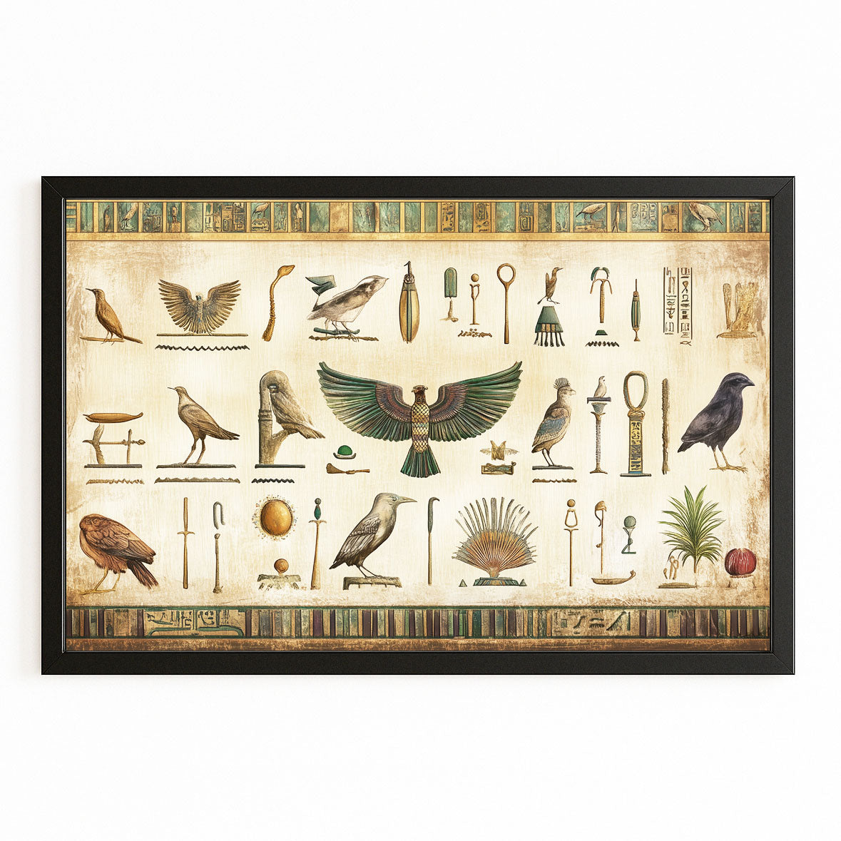 Sacred Animal Glyphs Egyptian Art – with Premium Black frame on white background