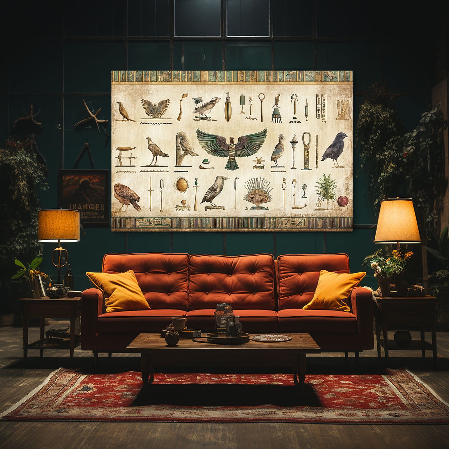 Sacred Animal Glyphs Egyptian Art – styled in a furnished interior