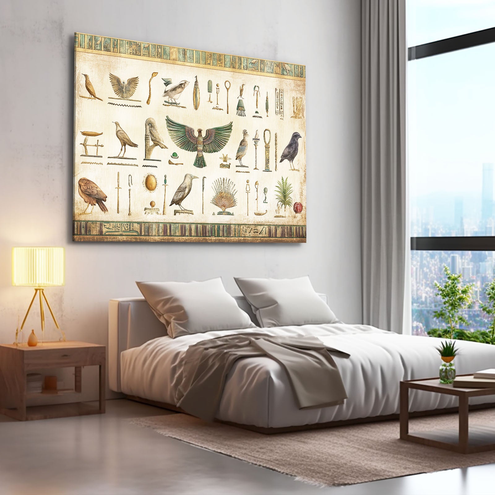 Sacred Animal Glyphs Egyptian Art – styled in a furnished interior