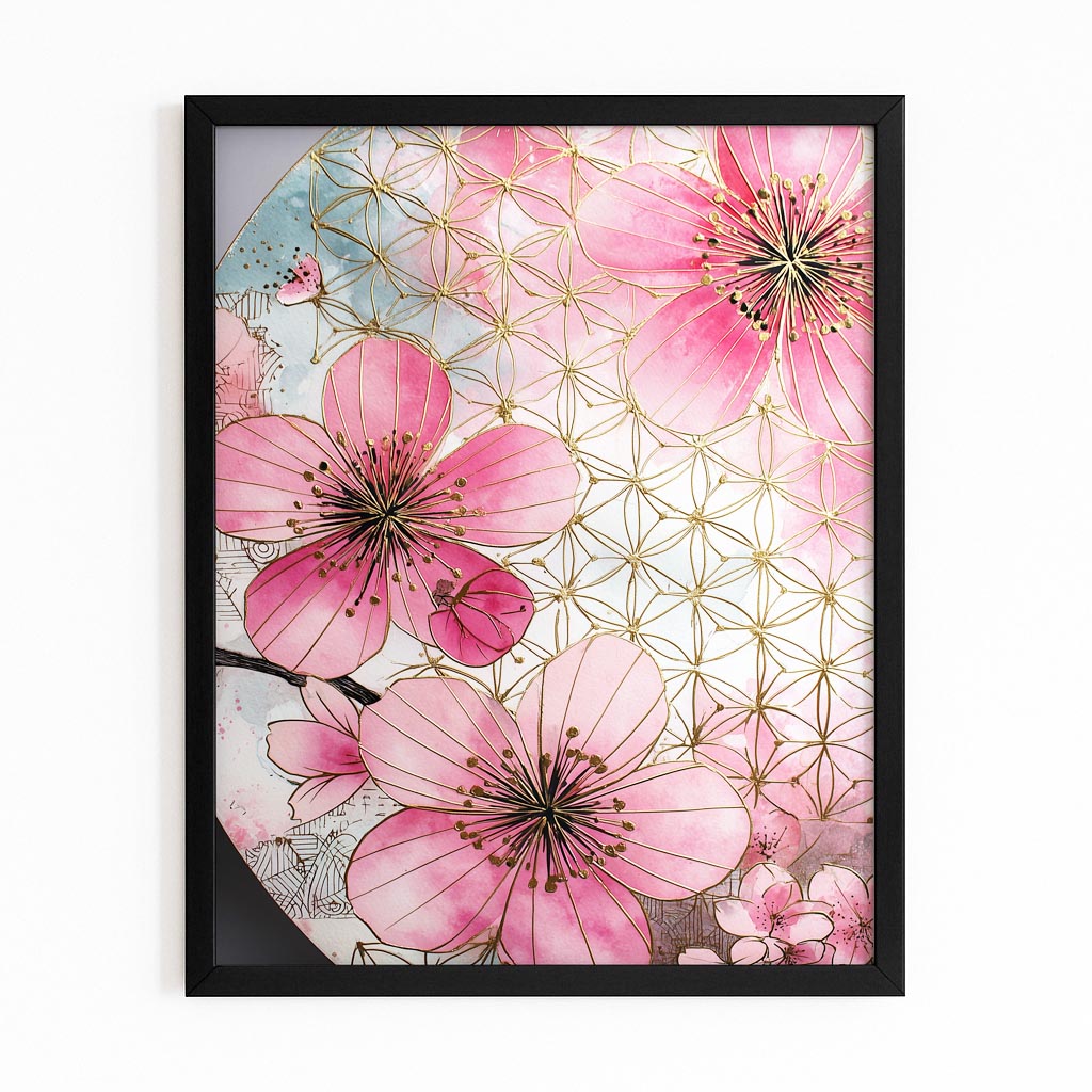 Sacred Geometry Bloom Cherry Blossom Wall Art – with Premium Black frame on white background