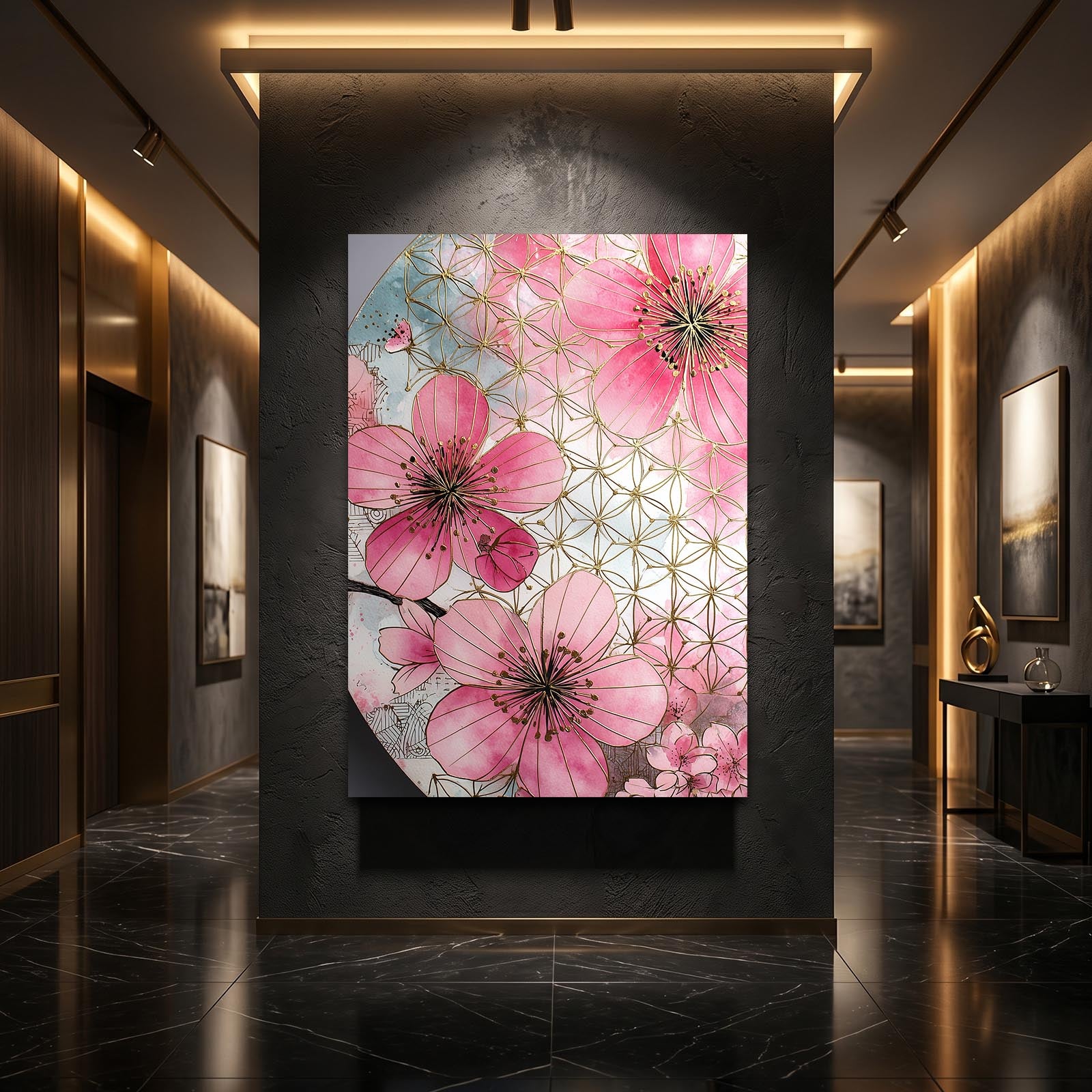 Sacred Geometry Bloom Cherry Blossom Wall Art – styled in a furnished interior