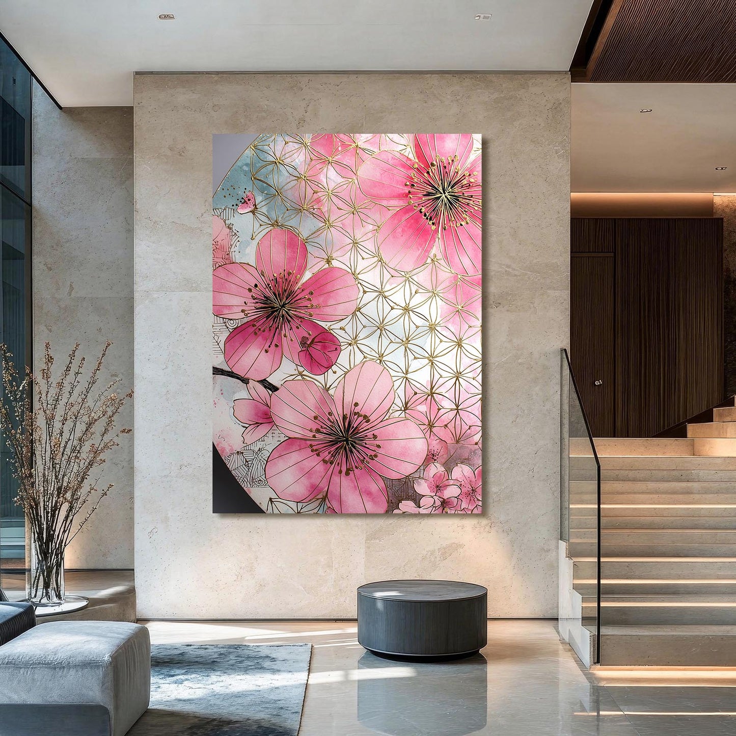 Sacred Geometry Bloom Cherry Blossom Wall Art – styled in a furnished interior