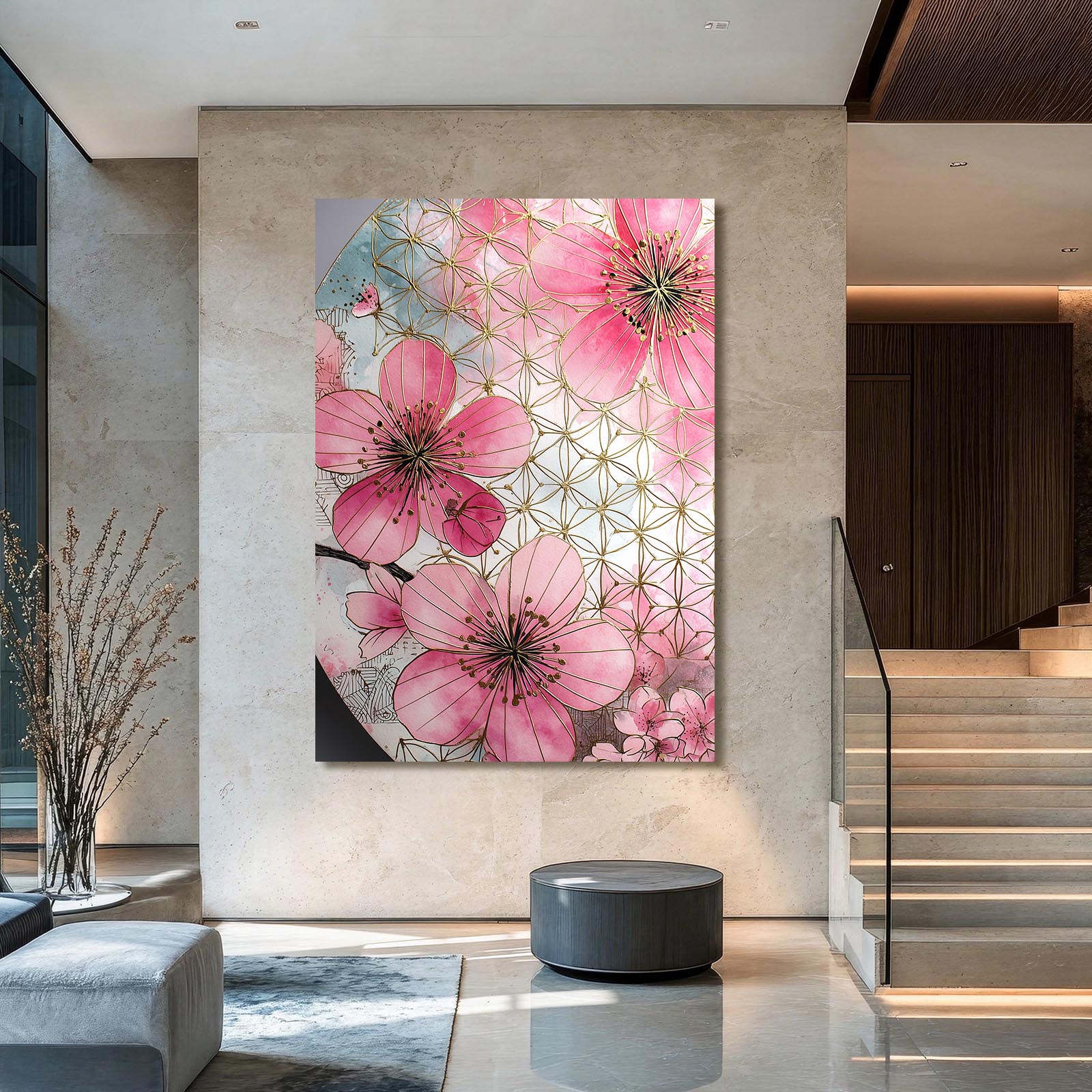 Sacred Geometry Bloom Cherry Blossom Wall Art – styled in a furnished interior